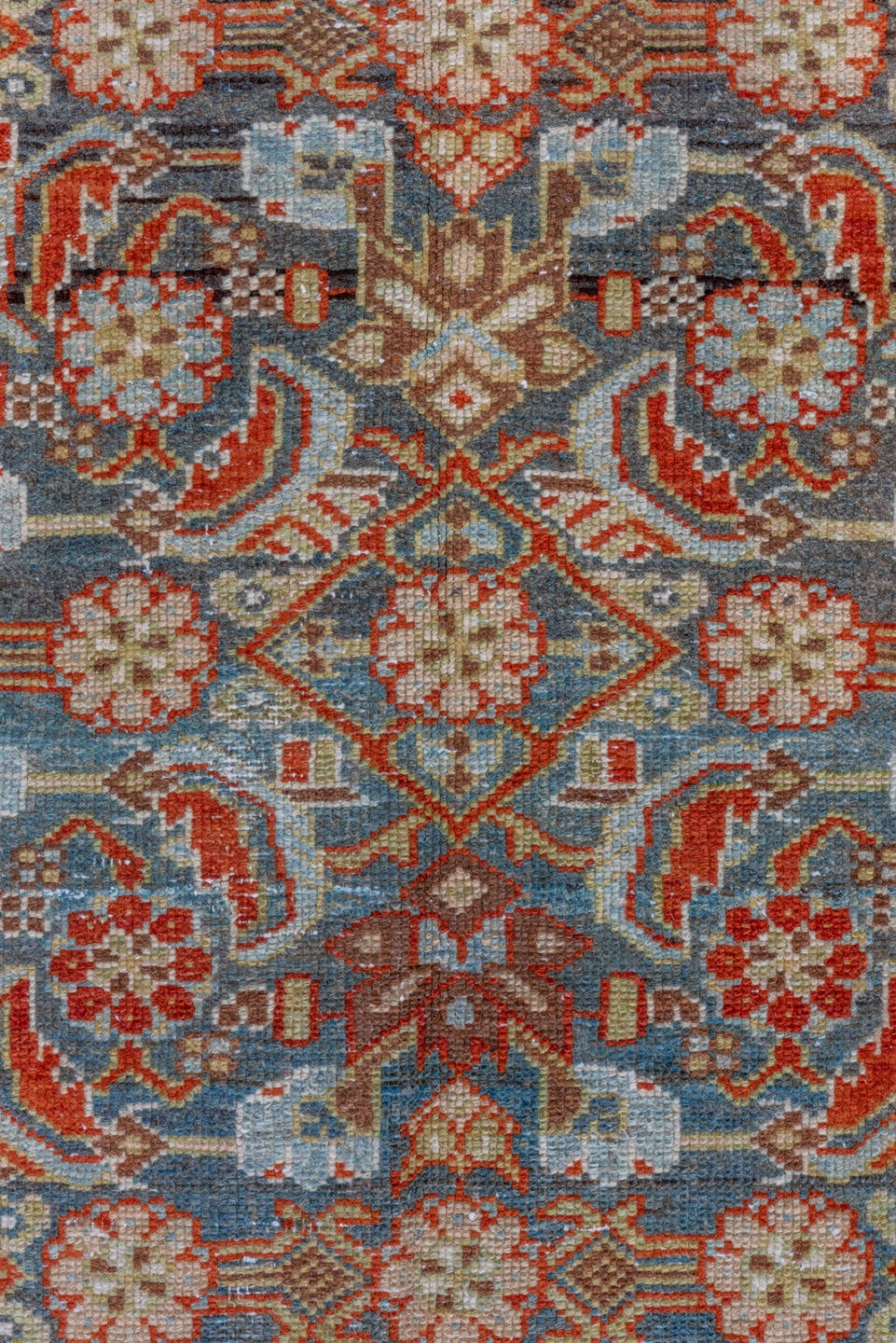 3' x 17' one-of-a-kind handmade vintage Malayer runner rug. Color palette: light blue, ivory, rust, navy, camel, brown