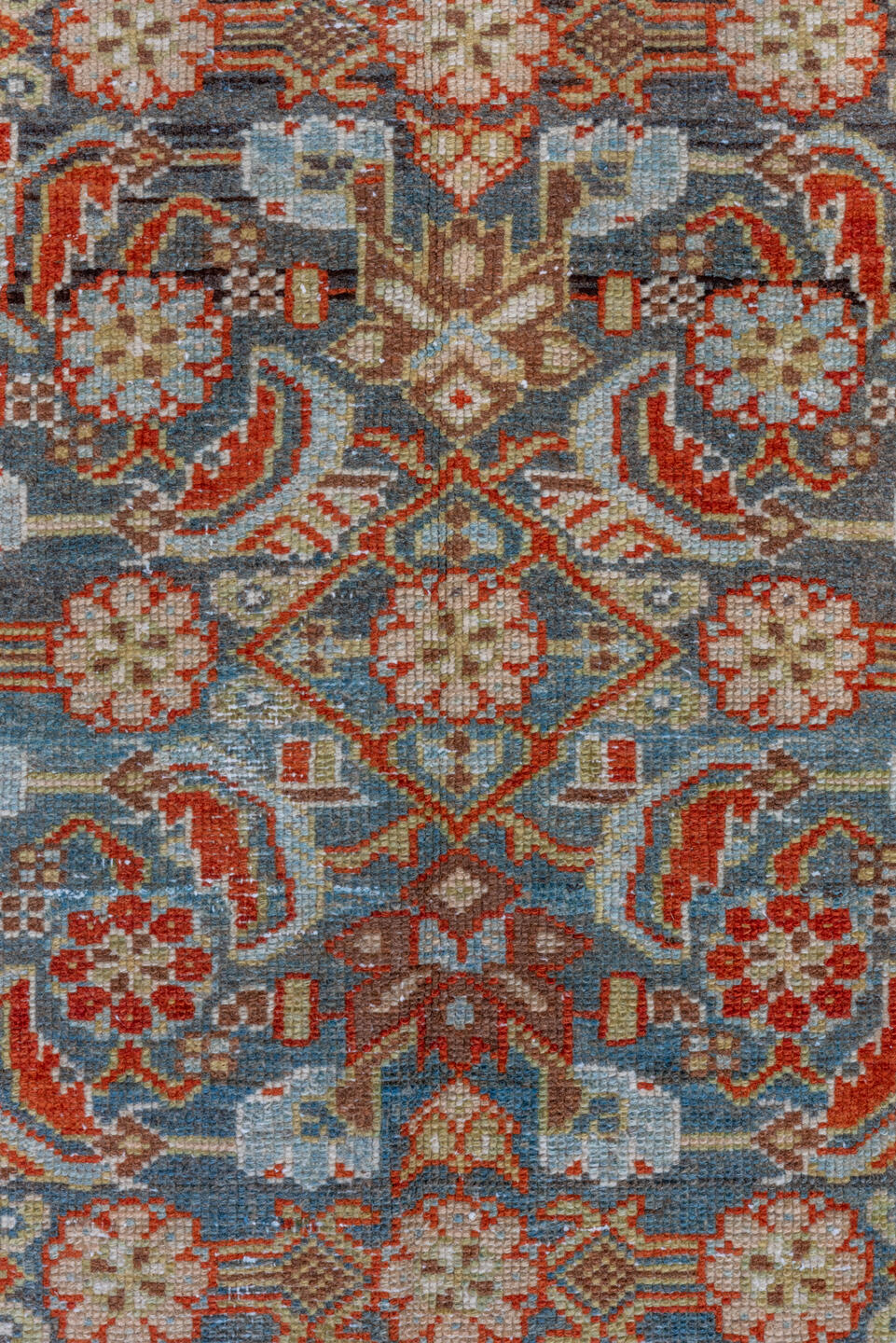 3' x 17' one-of-a-kind handmade vintage Malayer runner rug. Color palette: light blue, ivory, rust, navy, camel, brown