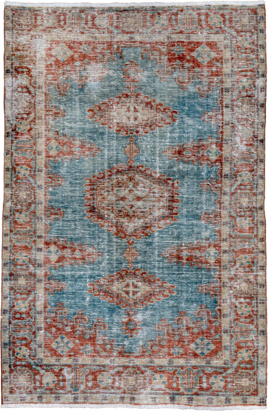 3' x 5' one-of-a-kind handmade vintage Veece small size rug. Color palette: light blue, rust, ivory, beige, pale gold