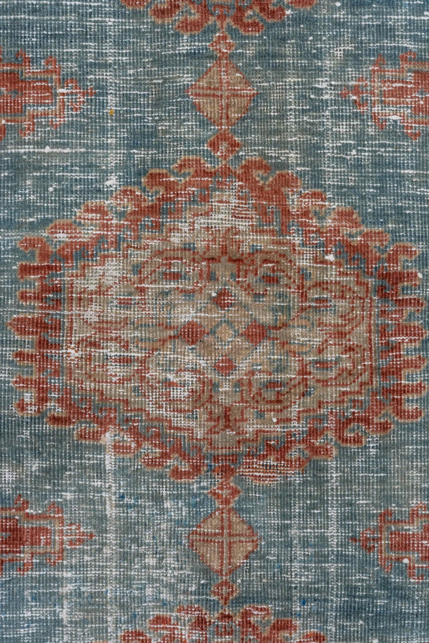 3' x 5' one-of-a-kind handmade vintage Veece small size rug. Color palette: light blue, rust, ivory, beige, pale gold