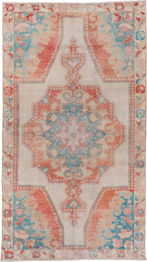 4' x 7' one-of-a-kind handmade vintage Oushak rug. Color palette: ivory, coral, aqua, beige, blush, taupe, terracotta, teal