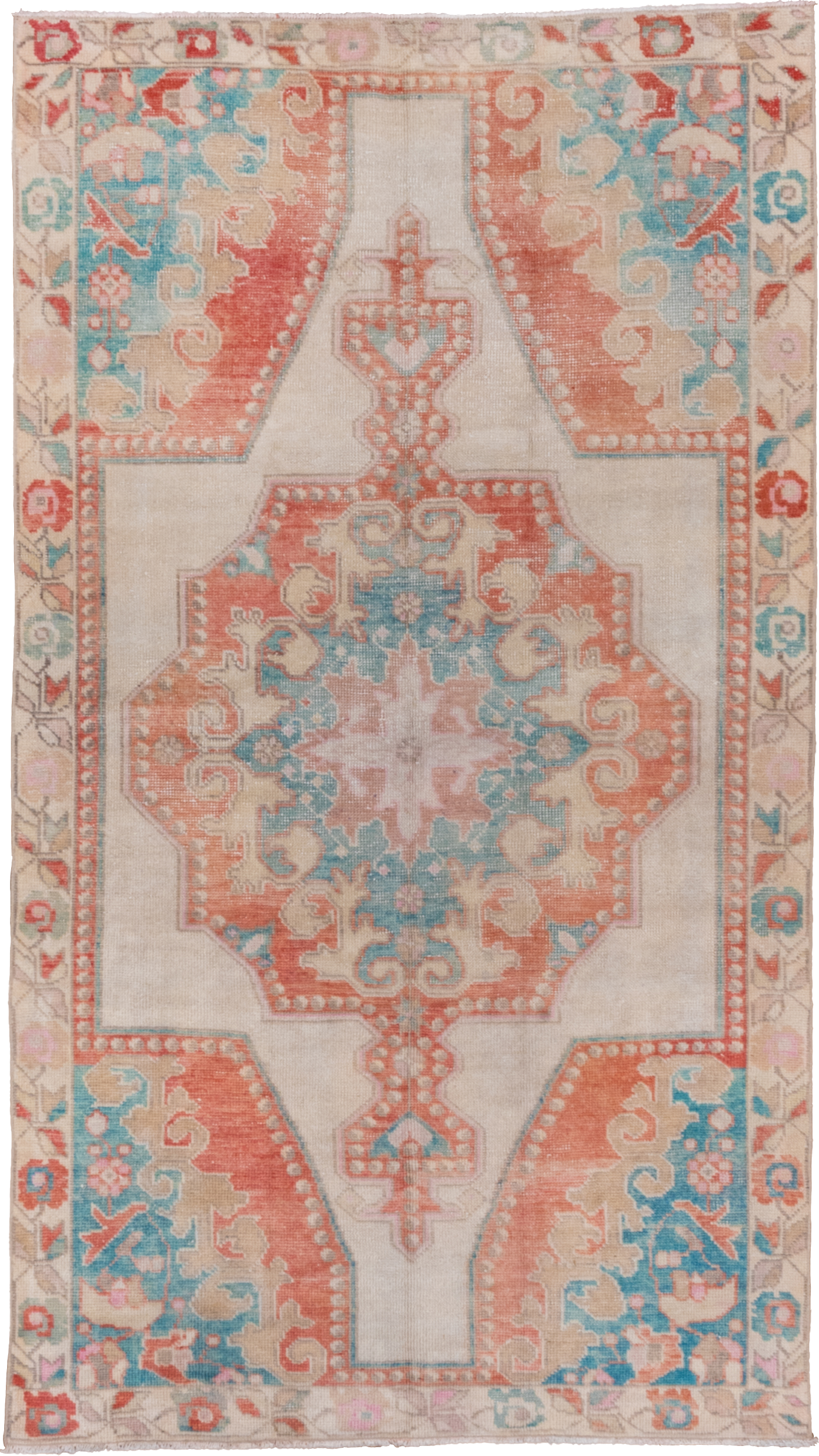 4' x 7' one-of-a-kind handmade vintage Oushak rug. Color palette: ivory, coral, aqua, beige, blush, taupe, terracotta, teal