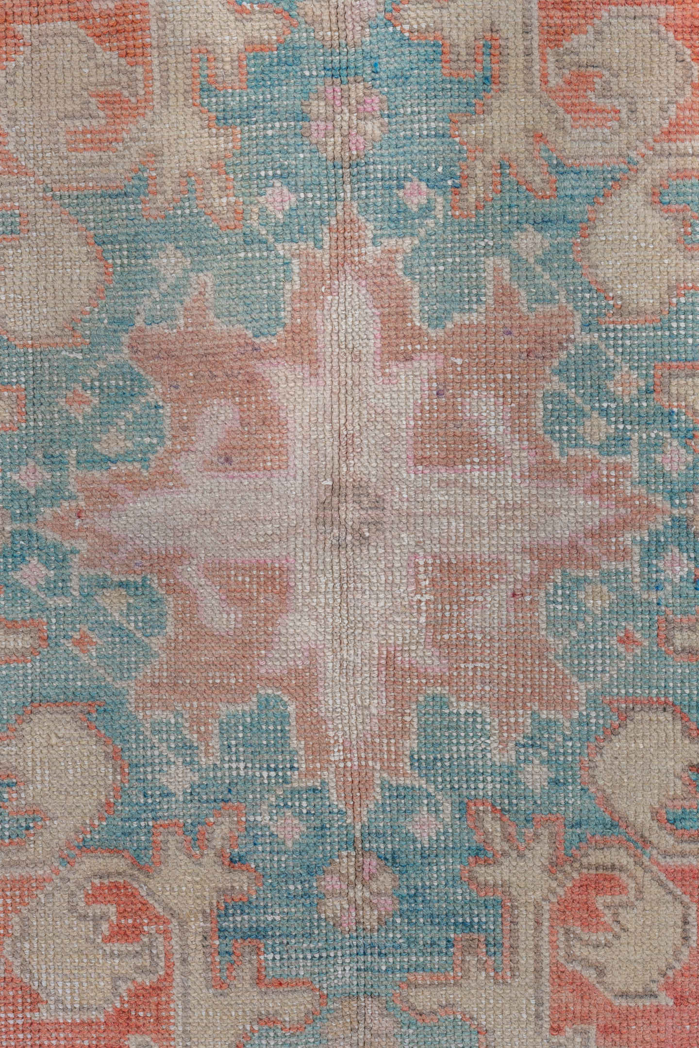 4' x 7' one-of-a-kind handmade vintage Oushak rug. Color palette: ivory, coral, aqua, beige, blush, taupe, terracotta, teal