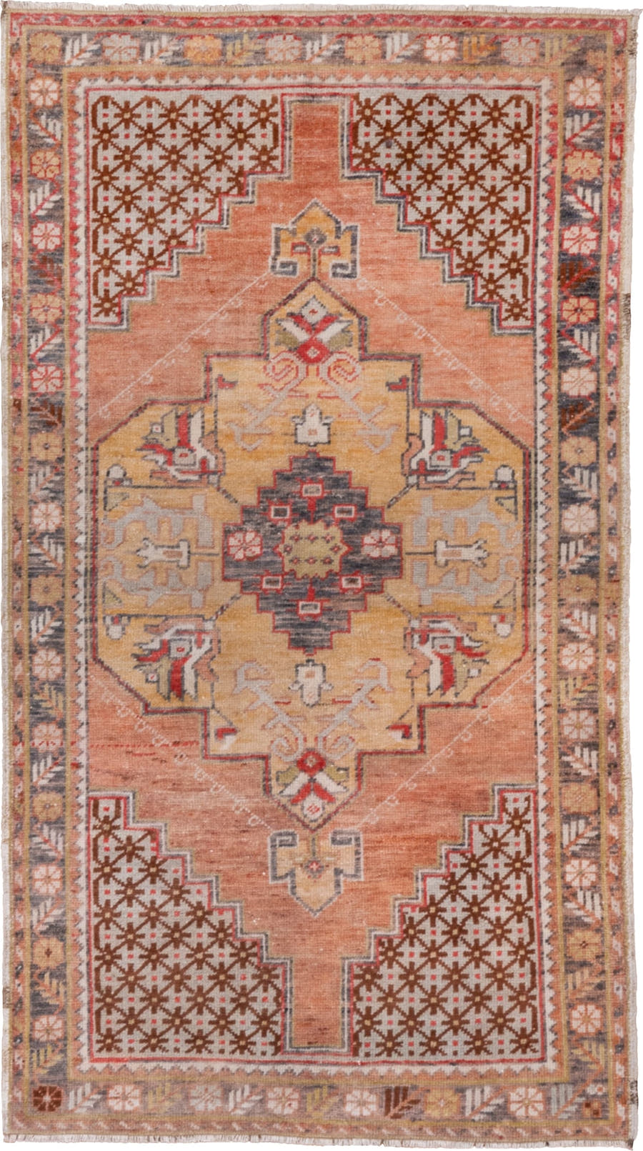 3' x 6' one-of-a-kind handmade vintage Oushak small size rug. Color palette: salmon, ivory, gold, charcoal, rust, taupe