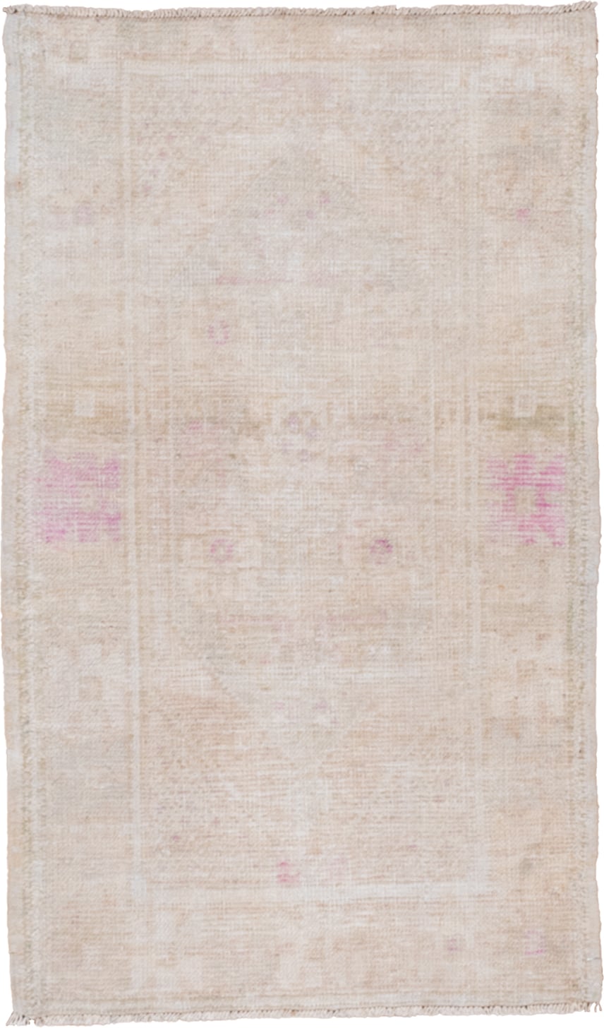 2' x 4' one-of-a-kind handmade vintage Oushak small size rug. Color palette: ivory, beige, blush, cream, taupe, pale pink