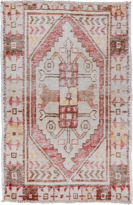 2' x 3' one-of-a-kind handmade vintage Oushak small size rug. Color palette: ivory, rose, rust, taupe, brown, gold, pink