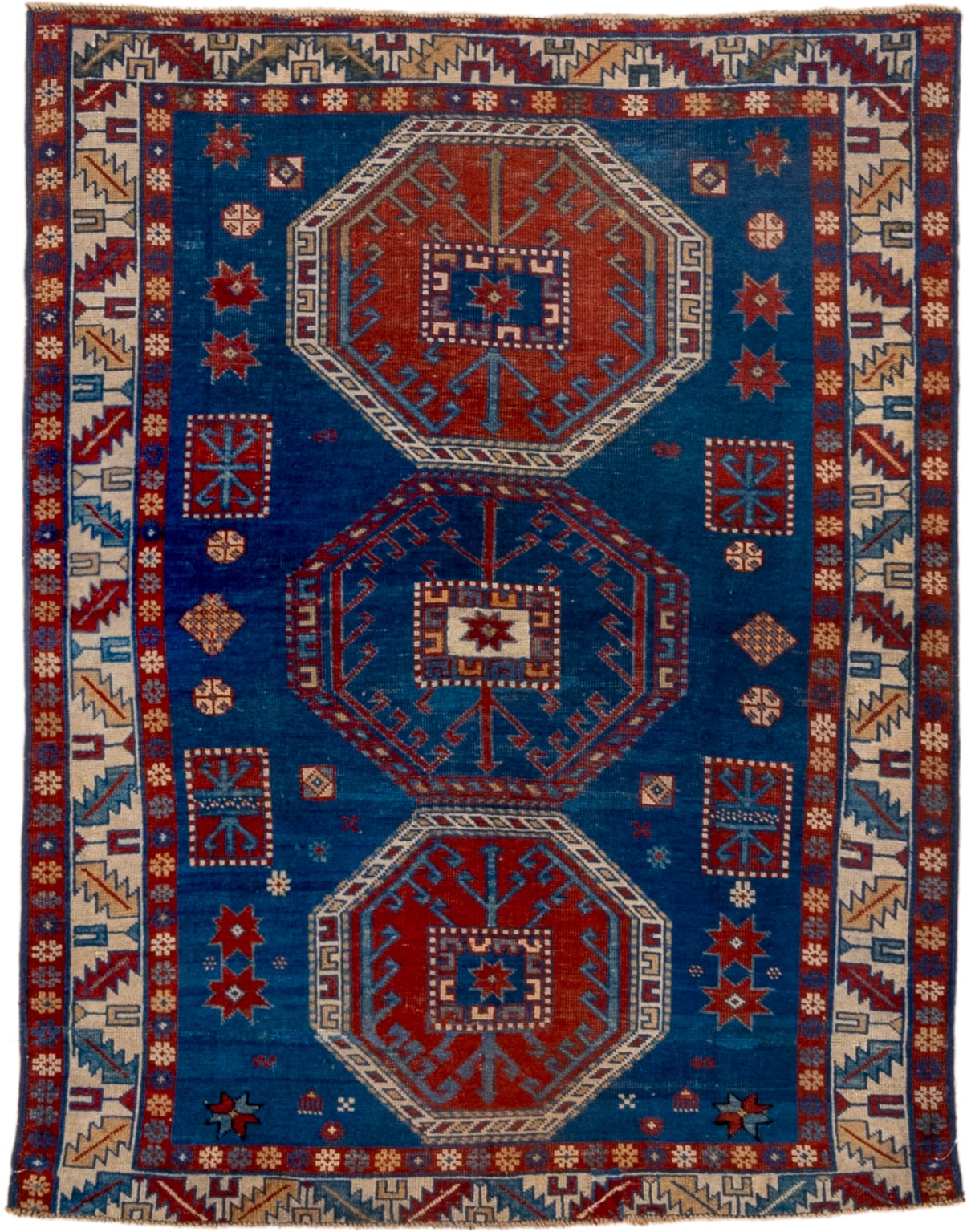 3' x 4' one-of-a-kind handmade vintage Shirvan small size rug. Color palette: blue, ivory, rust, crimson, navy, camel, teal