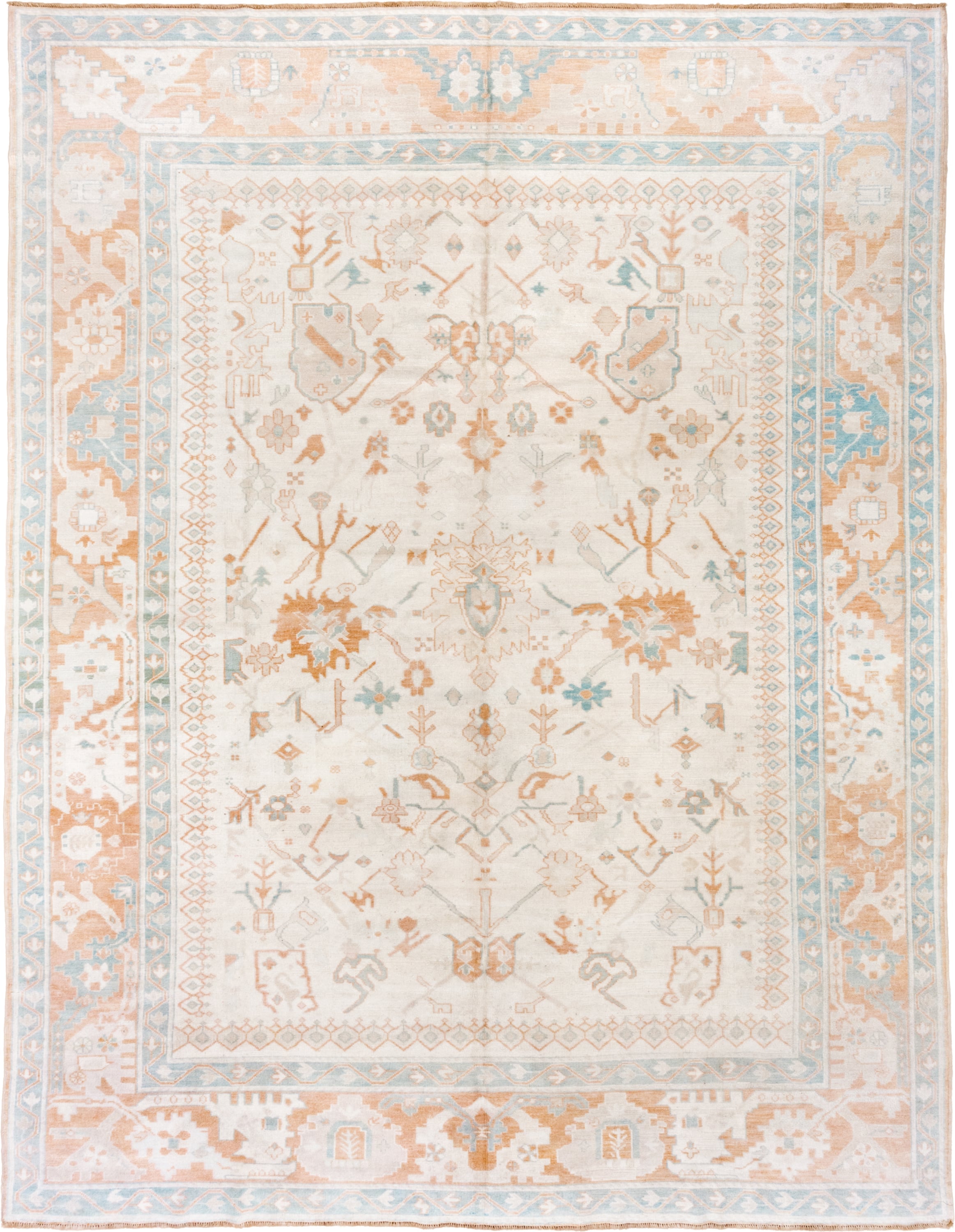 10' x 13' one-of-a-kind handmade vintage Oushak large size rug. Color palette: ivory, peach, aqua, sand, light blue, taupe