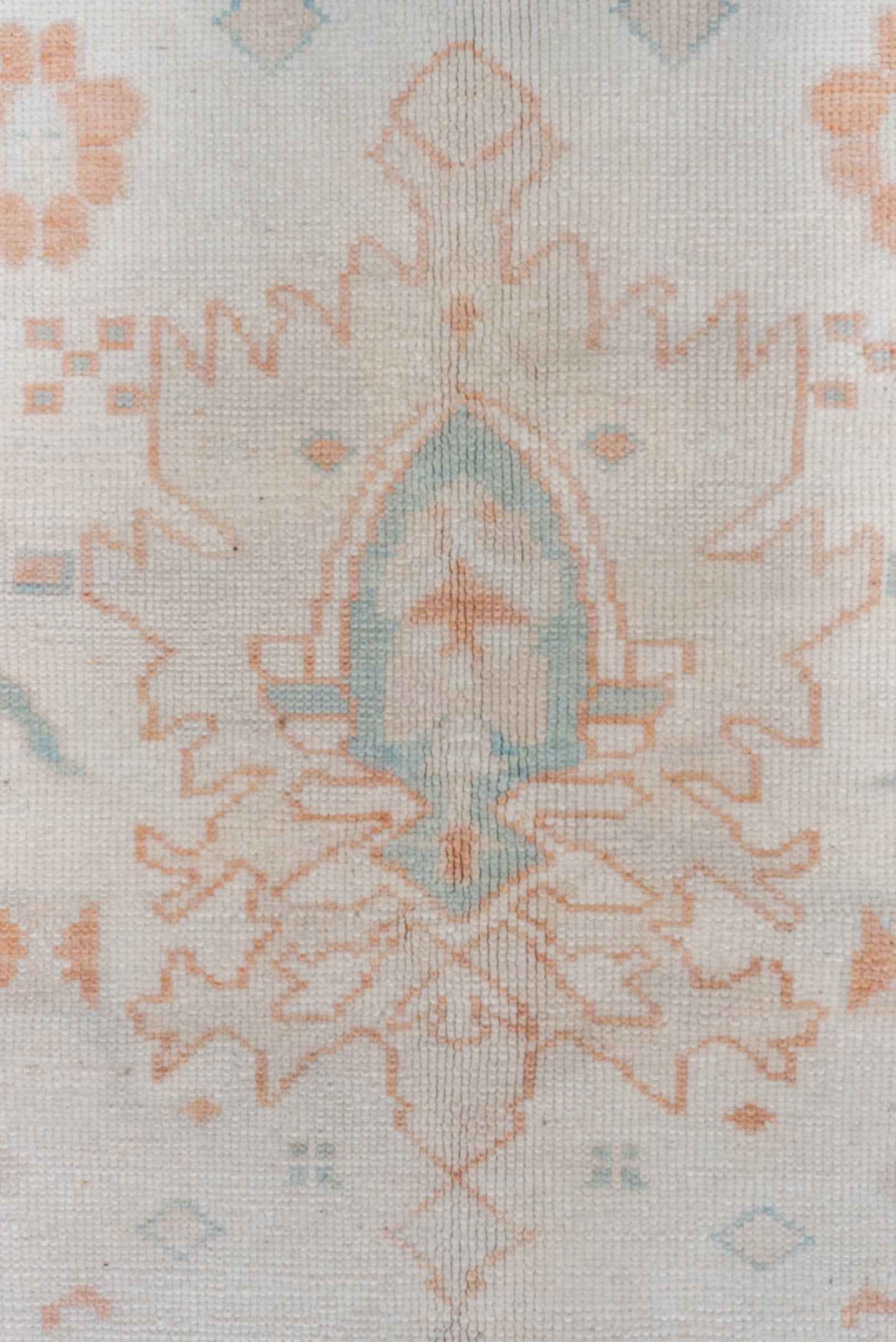 10' x 13' one-of-a-kind handmade vintage Oushak large size rug. Color palette: ivory, peach, aqua, sand, light blue, taupe