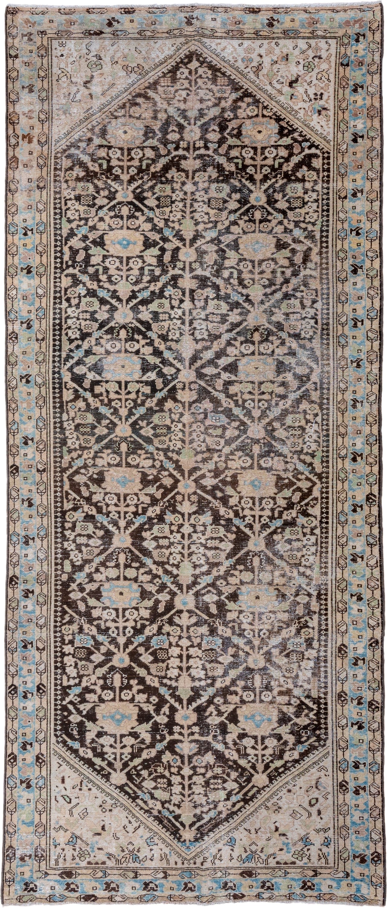 4' x 11' one-of-a-kind handmade vintage Malayer runner rug. Color palette: brown, ivory, sky_blue, taupe, charcoal, beige