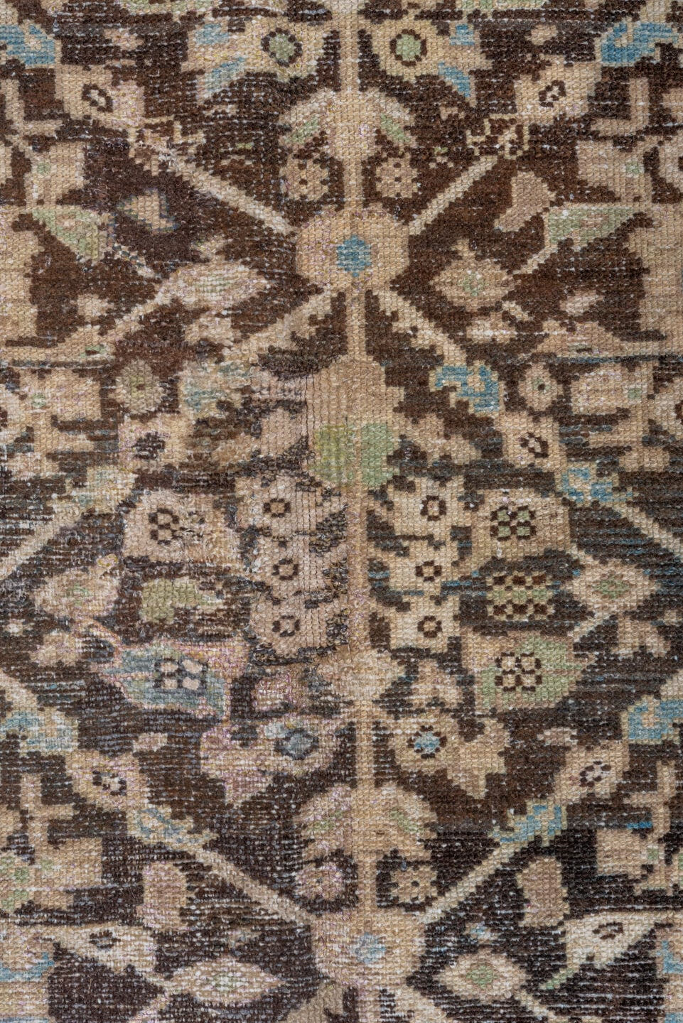 4' x 11' one-of-a-kind handmade vintage Malayer runner rug. Color palette: brown, ivory, sky_blue, taupe, charcoal, beige