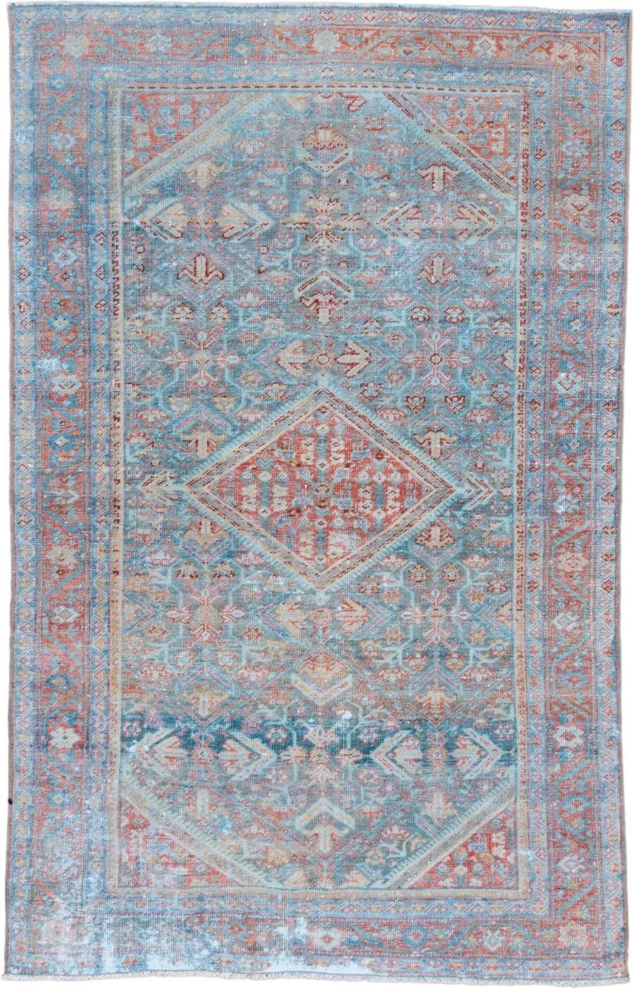 4' x 6' one-of-a-kind handmade vintage Mahal small size rug. Color palette: sky blue, coral, ivory, terra cotta, slate