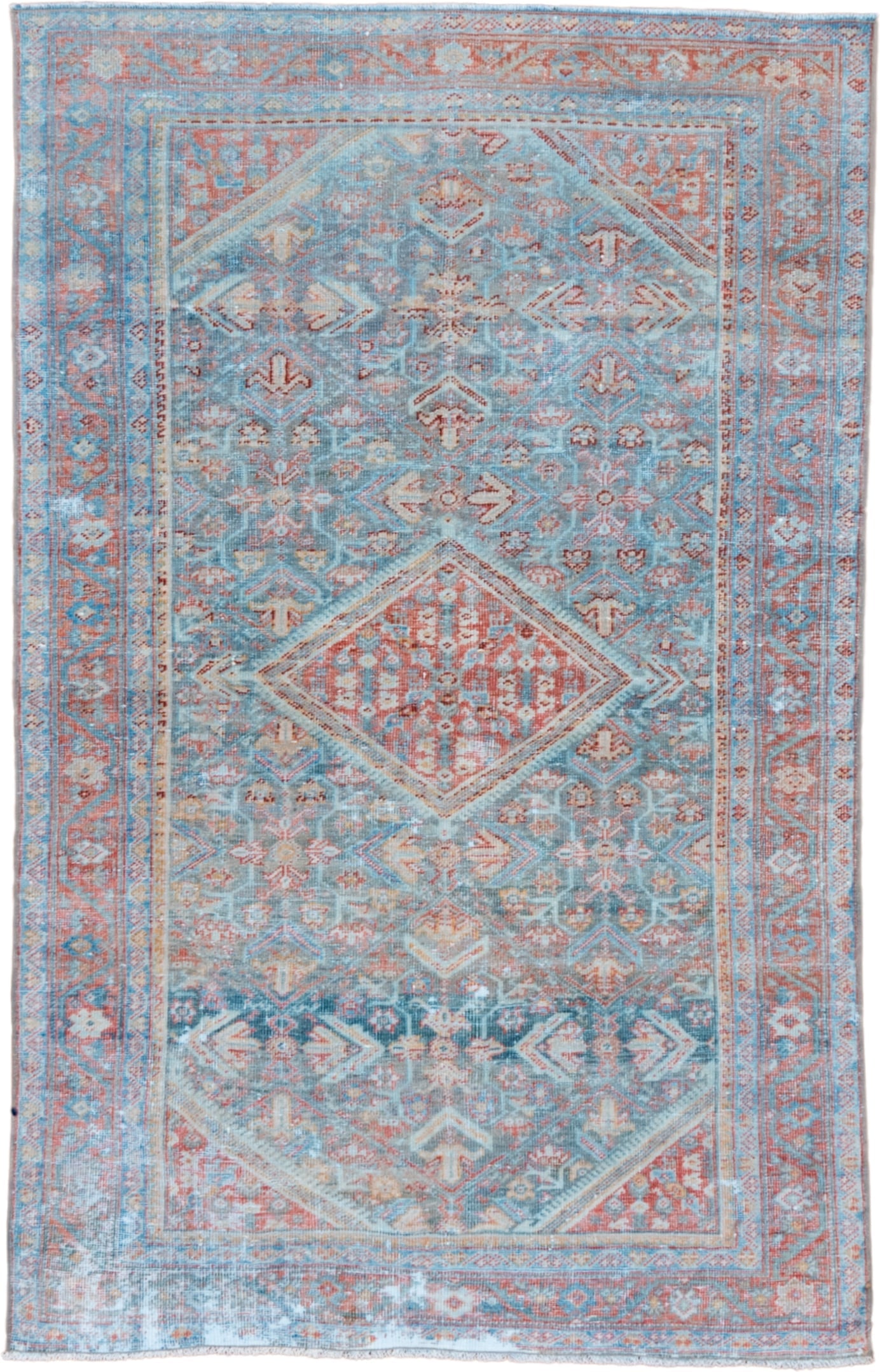 4' x 6' one-of-a-kind handmade vintage Mahal small size rug. Color palette: sky blue, coral, ivory, terra cotta, slate