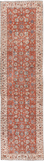 3' x 11' one-of-a-kind handmade vintage Oushak runner rug. Color palette: terra cotta, ivory, rust, blue, sage, taupe