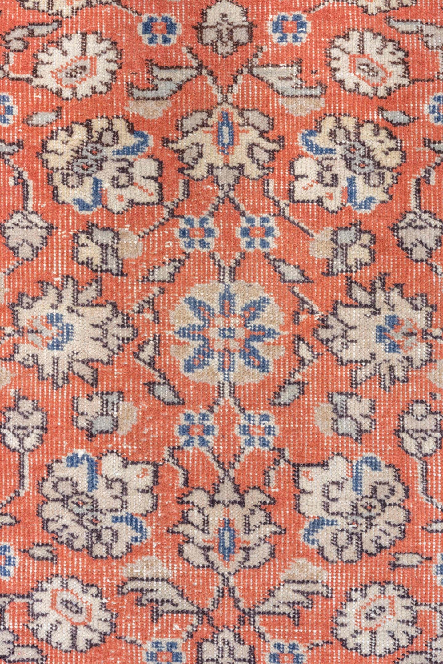 3' x 11' one-of-a-kind handmade vintage Oushak runner rug. Color palette: terra cotta, ivory, rust, blue, sage, taupe