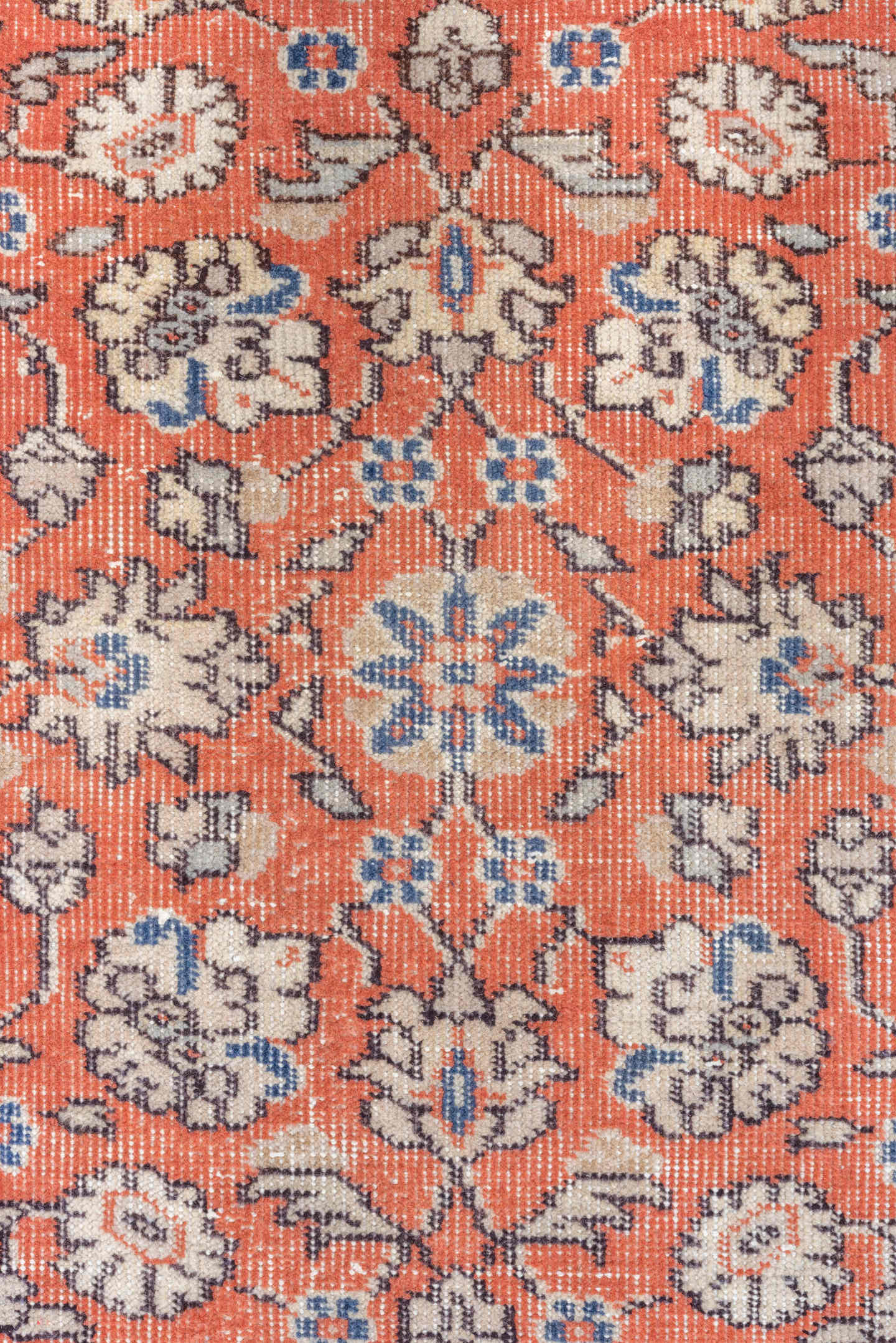 3' x 11' one-of-a-kind handmade vintage Oushak runner rug. Color palette: terra cotta, ivory, rust, blue, sage, taupe