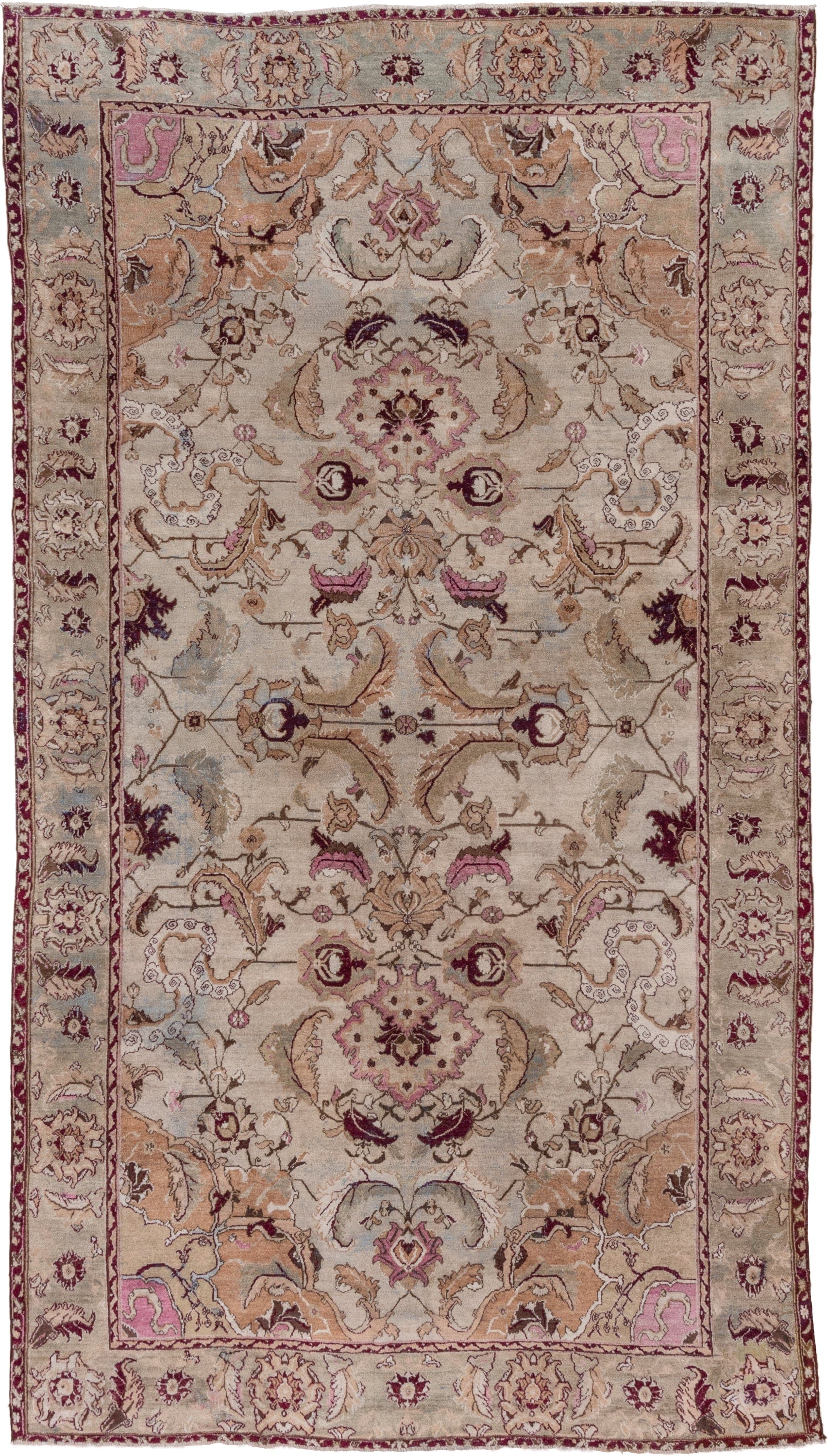 6' x 12' one-of-a-kind handmade vintage Agra large size rug. Color palette: ivory, beige, taupe, rose, burgundy, camel, sage
