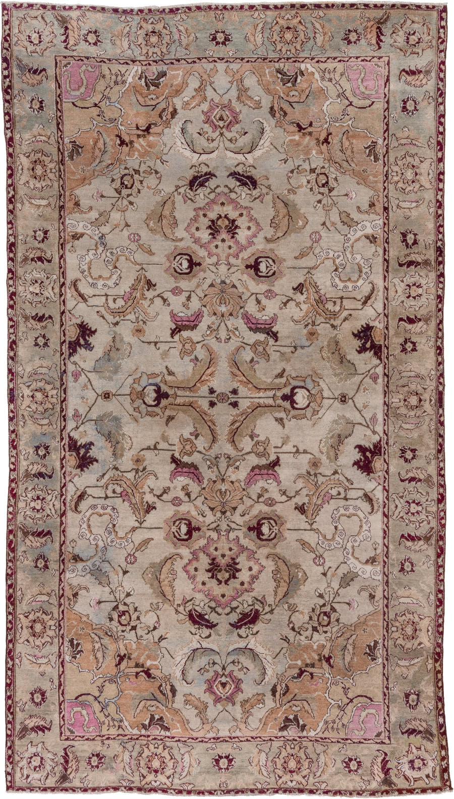 6' x 12' one-of-a-kind handmade vintage Agra large size rug. Color palette: ivory, beige, taupe, rose, burgundy, camel, sage