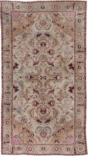 6' x 12' one-of-a-kind handmade vintage Agra large size rug. Color palette: ivory, beige, taupe, rose, burgundy, camel, sage