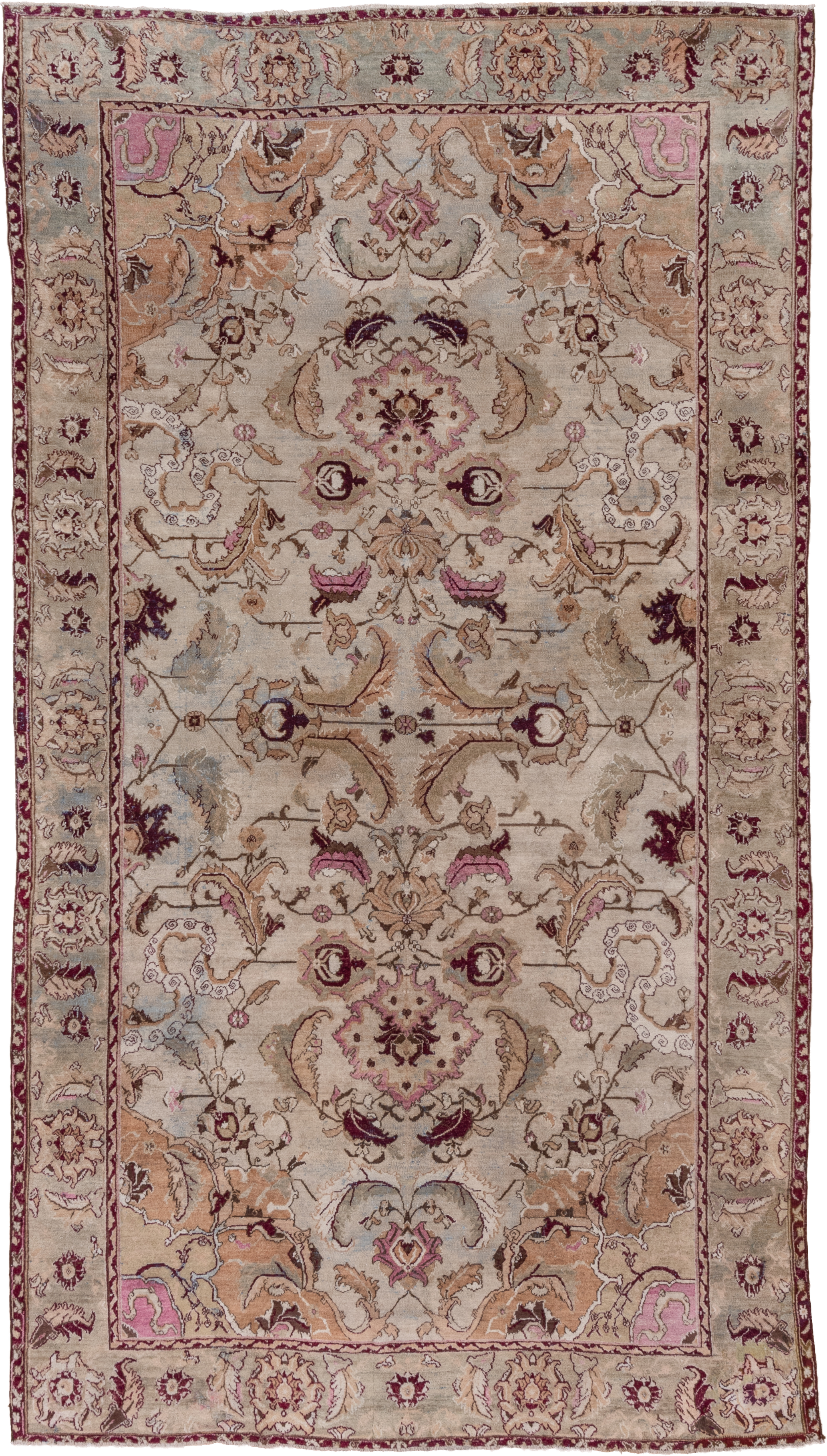 6' x 12' one-of-a-kind handmade vintage Agra large size rug. Color palette: ivory, beige, taupe, rose, burgundy, camel, sage
