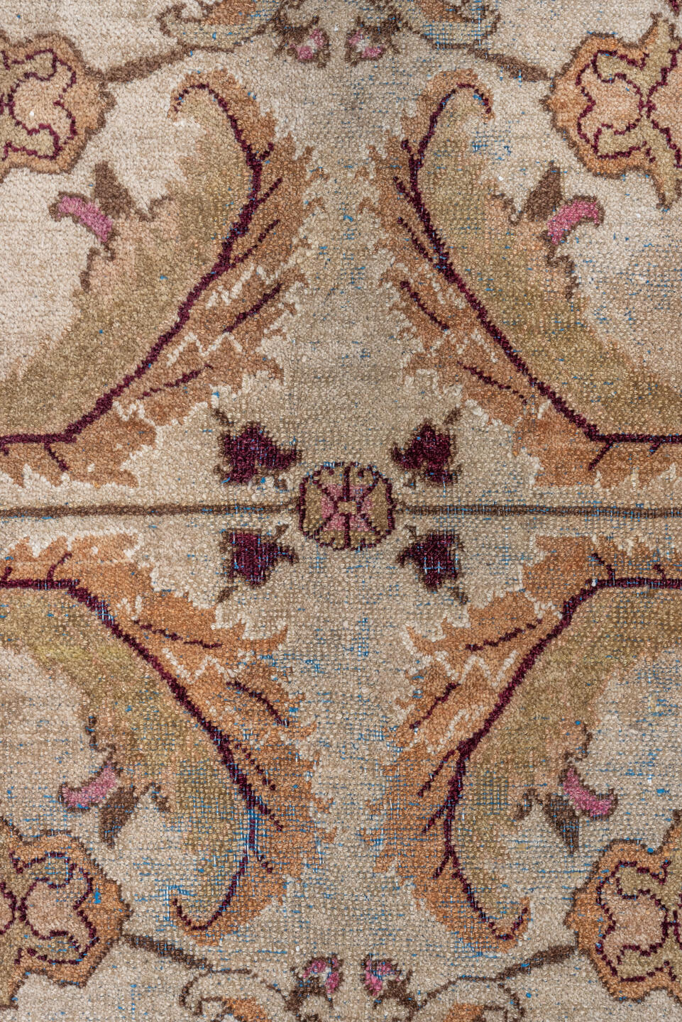 6' x 12' one-of-a-kind handmade vintage Agra large size rug. Color palette: ivory, beige, taupe, rose, burgundy, camel, sage