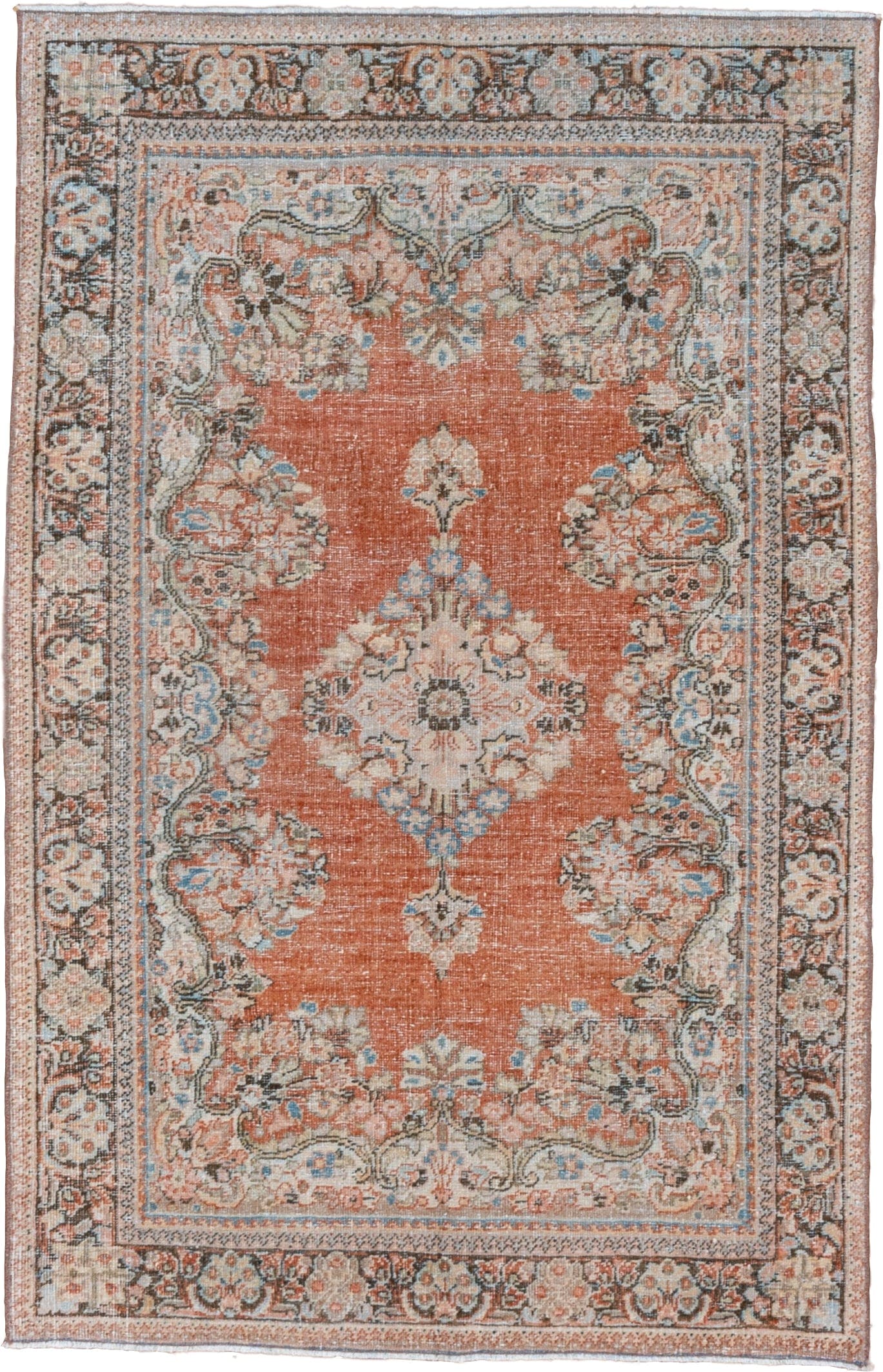 4' x 6' one-of-a-kind handmade vintage Mahal small size rug. Color palette: terra cotta, ivory, sky blue, charcoal, taupe