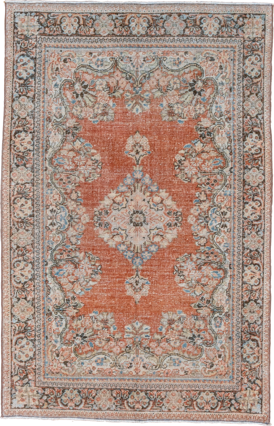 4' x 6' one-of-a-kind handmade vintage Mahal small size rug. Color palette: terra cotta, ivory, sky blue, charcoal, taupe