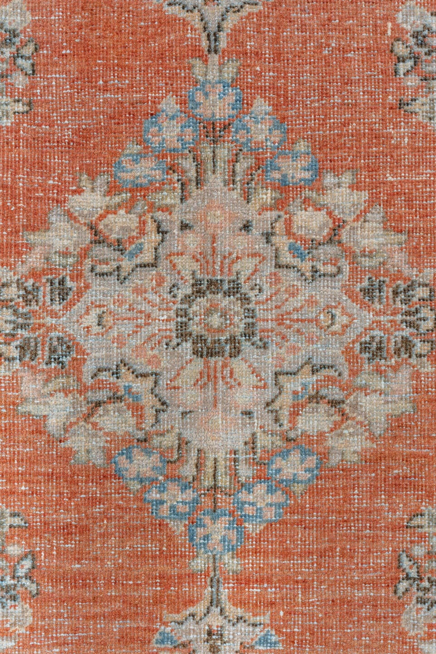 4' x 6' one-of-a-kind handmade vintage Mahal small size rug. Color palette: terra cotta, ivory, sky blue, charcoal, taupe