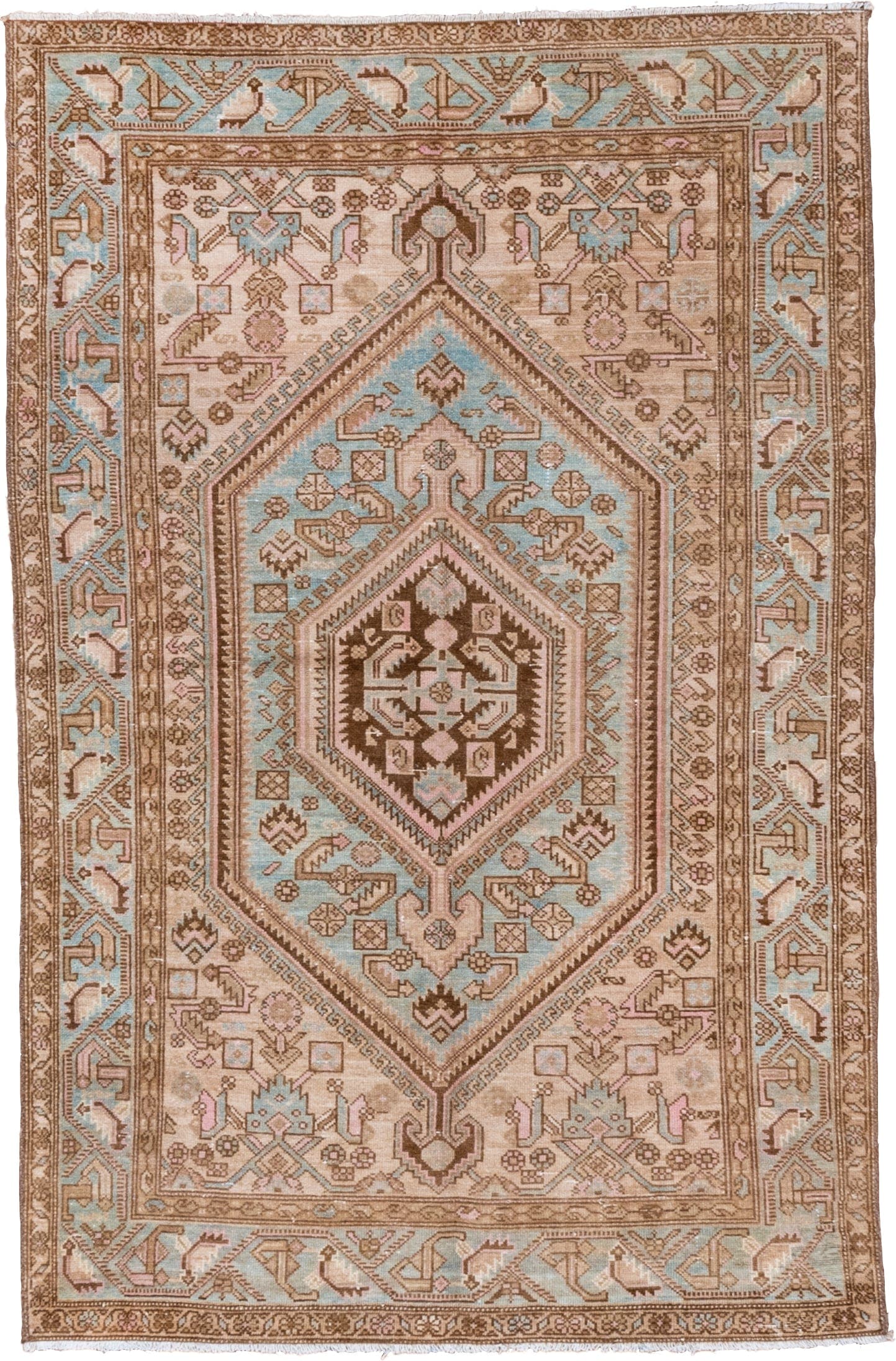 4' x 6' one-of-a-kind handmade vintage Malayer small size rug. Color palette: ivory, camel, sky blue, taupe, brown, blush