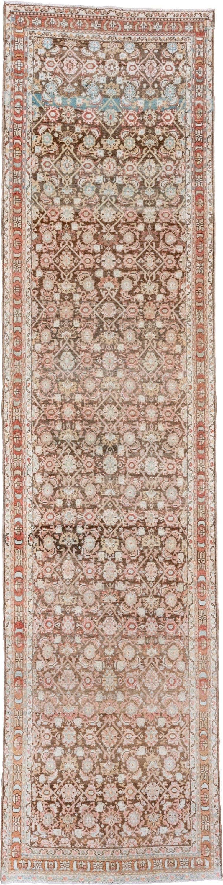 3' x 13' one-of-a-kind handmade vintage Malayer runner rug. Color palette: brown, ivory, terra cotta, sky blue, beige, taupe
