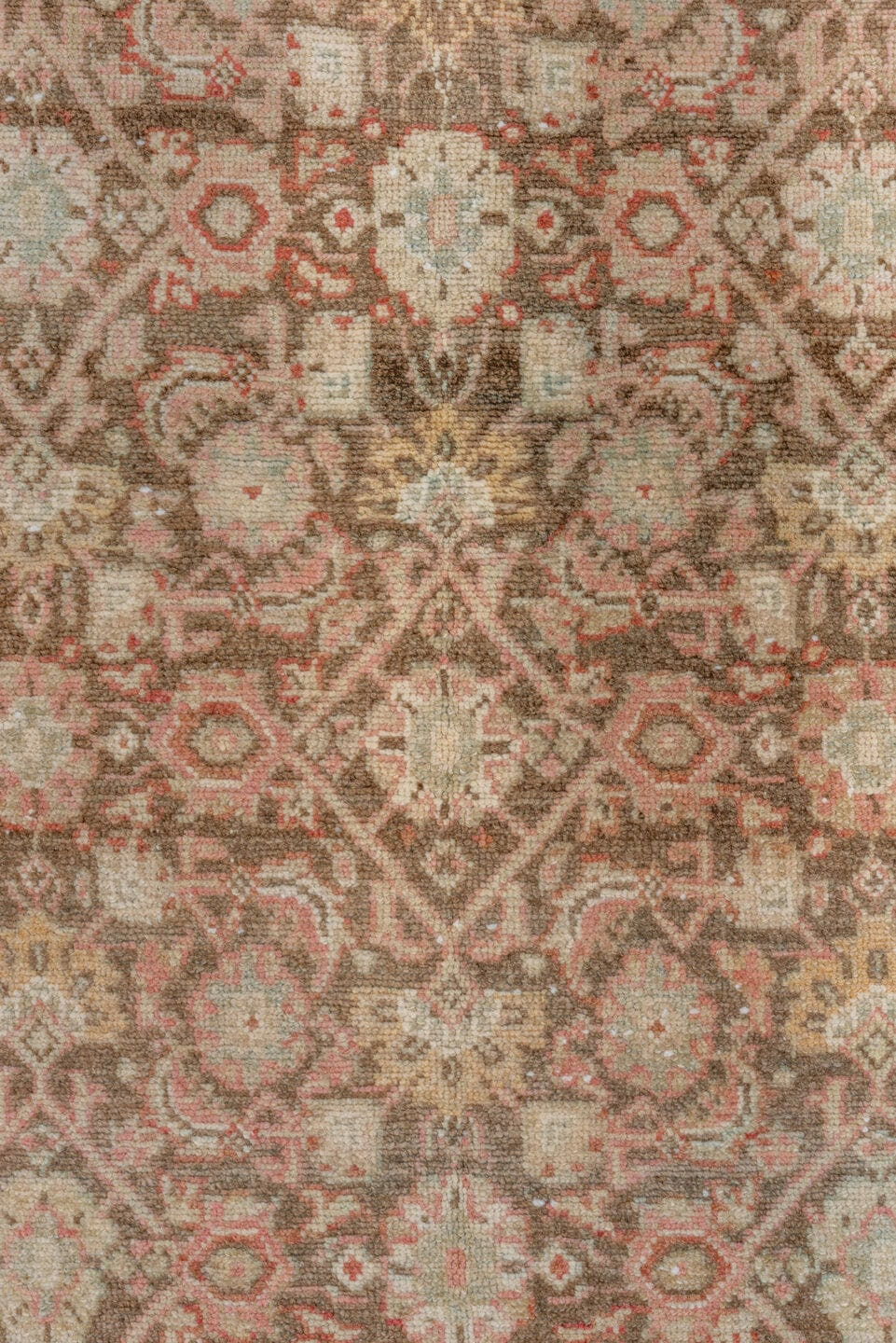 3' x 13' one-of-a-kind handmade vintage Malayer runner rug. Color palette: brown, ivory, terra cotta, sky blue, beige, taupe