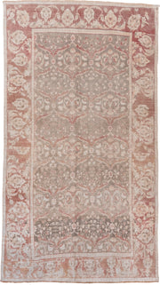 6' x 11' one-of-a-kind handmade vintage Oushak large size rug. Color palette: rose, taupe, ivory, blush, sage, terra cotta