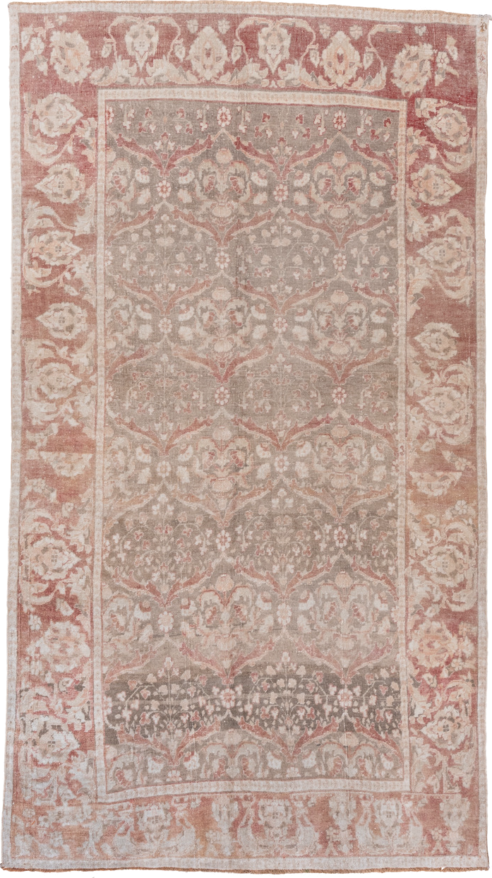 6' x 11' one-of-a-kind handmade vintage Oushak large size rug. Color palette: rose, taupe, ivory, blush, sage, terra cotta