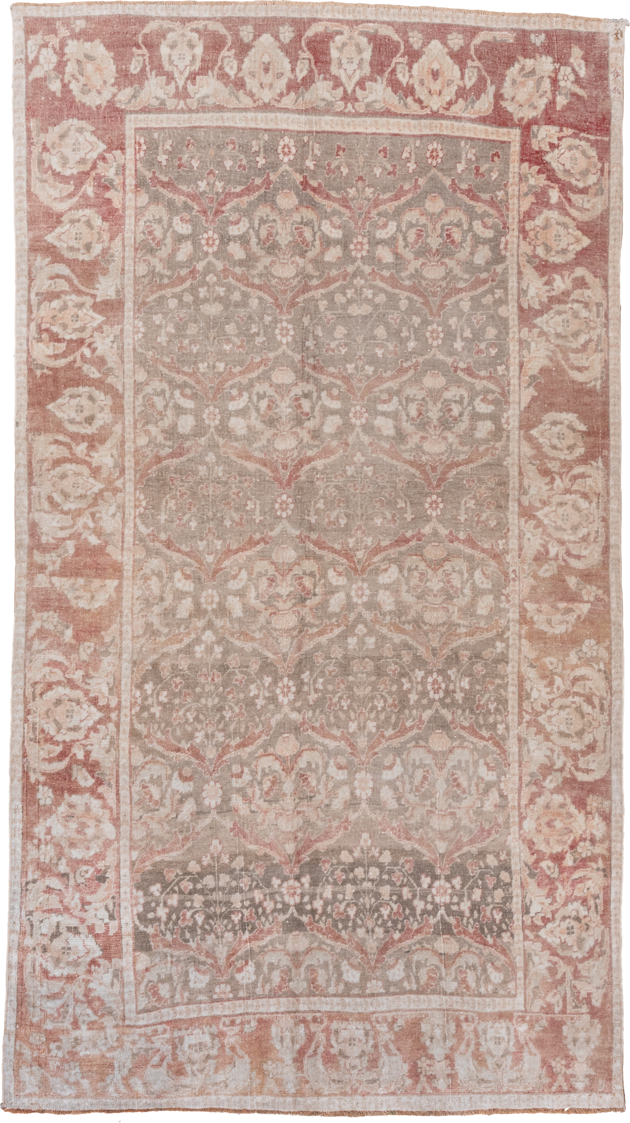 6' x 11' one-of-a-kind handmade vintage Oushak large size rug. Color palette: rose, taupe, ivory, blush, sage, terra cotta