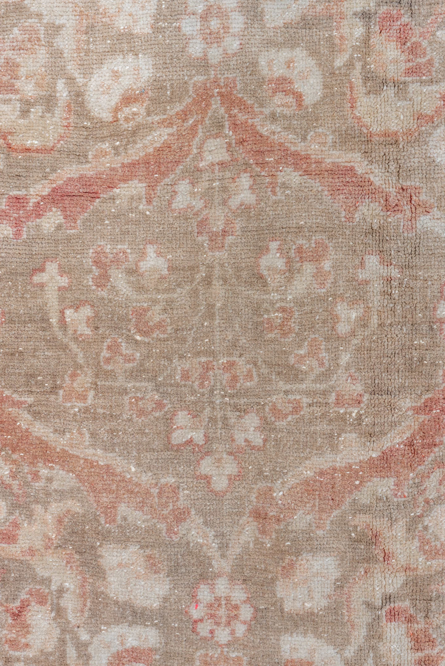 6' x 11' one-of-a-kind handmade vintage Oushak large size rug. Color palette: rose, taupe, ivory, blush, sage, terra cotta