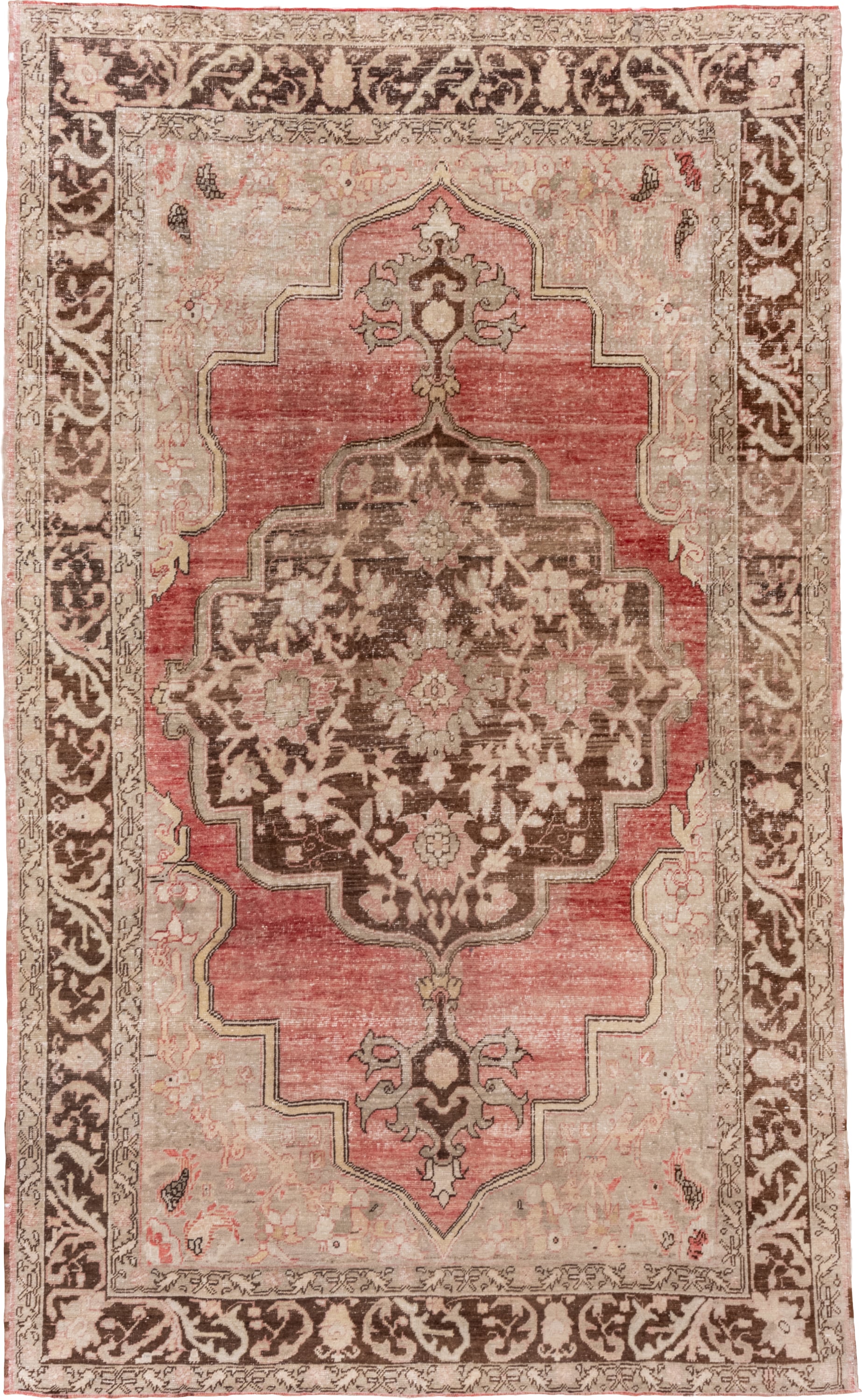 7' x 12' one-of-a-kind handmade antique Oushak large size rug. Color palette: rose, brown, ivory, beige, taupe, blush, pink