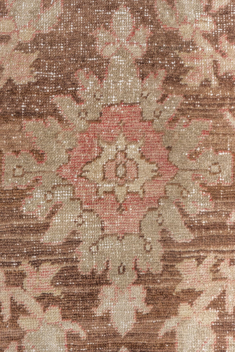 7' x 12' one-of-a-kind handmade antique Oushak large size rug. Color palette: rose, brown, ivory, beige, taupe, blush, pink