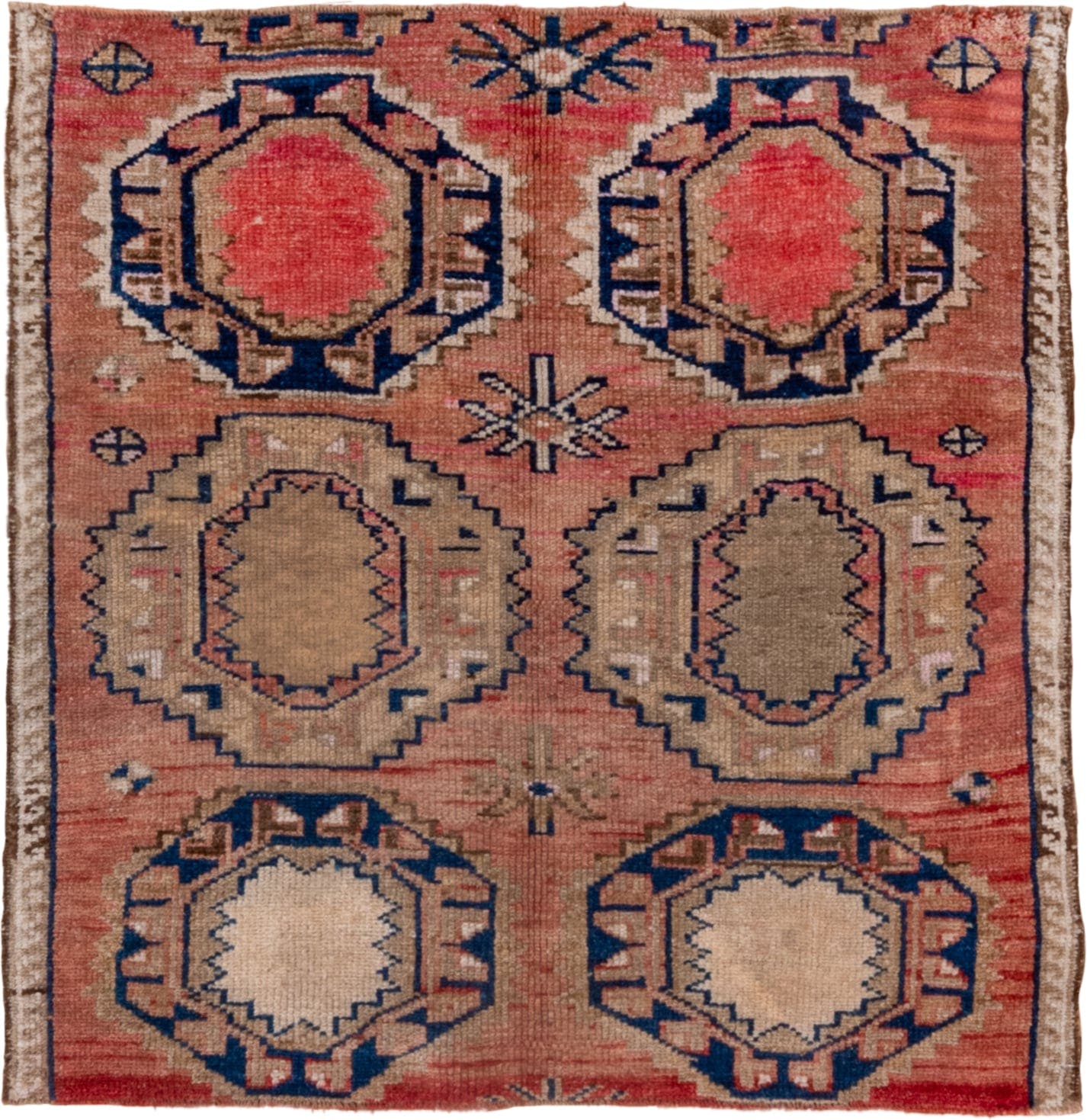 4' x 4' one-of-a-kind handmade antique Kars small size rug. Color palette: coral, camel, navy, ivory, rose, taupe, crimson