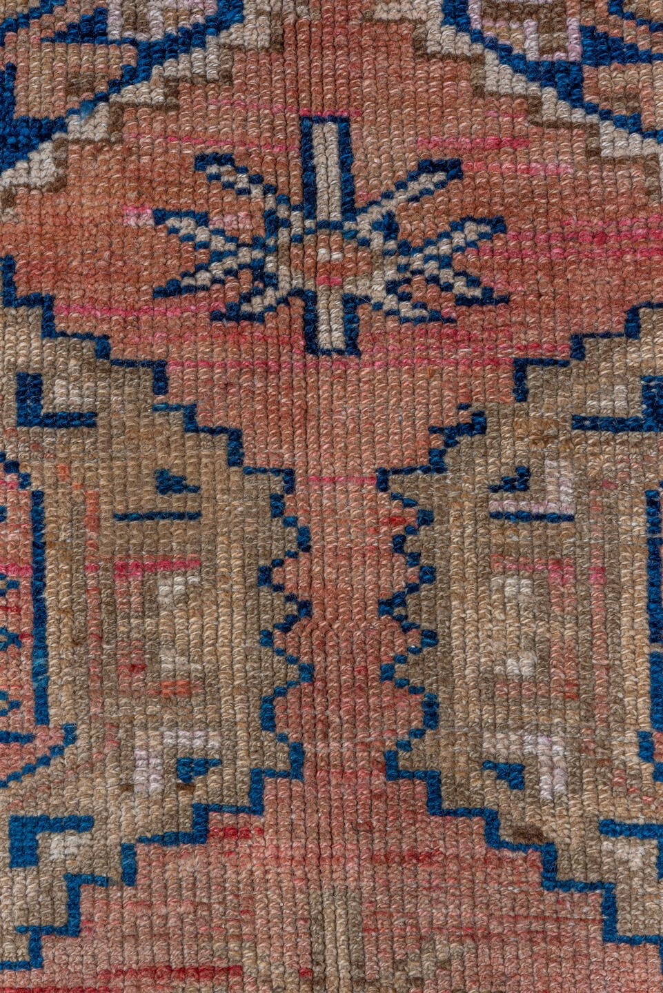 4' x 4' one-of-a-kind handmade antique Kars small size rug. Color palette: coral, camel, navy, ivory, rose, taupe, crimson