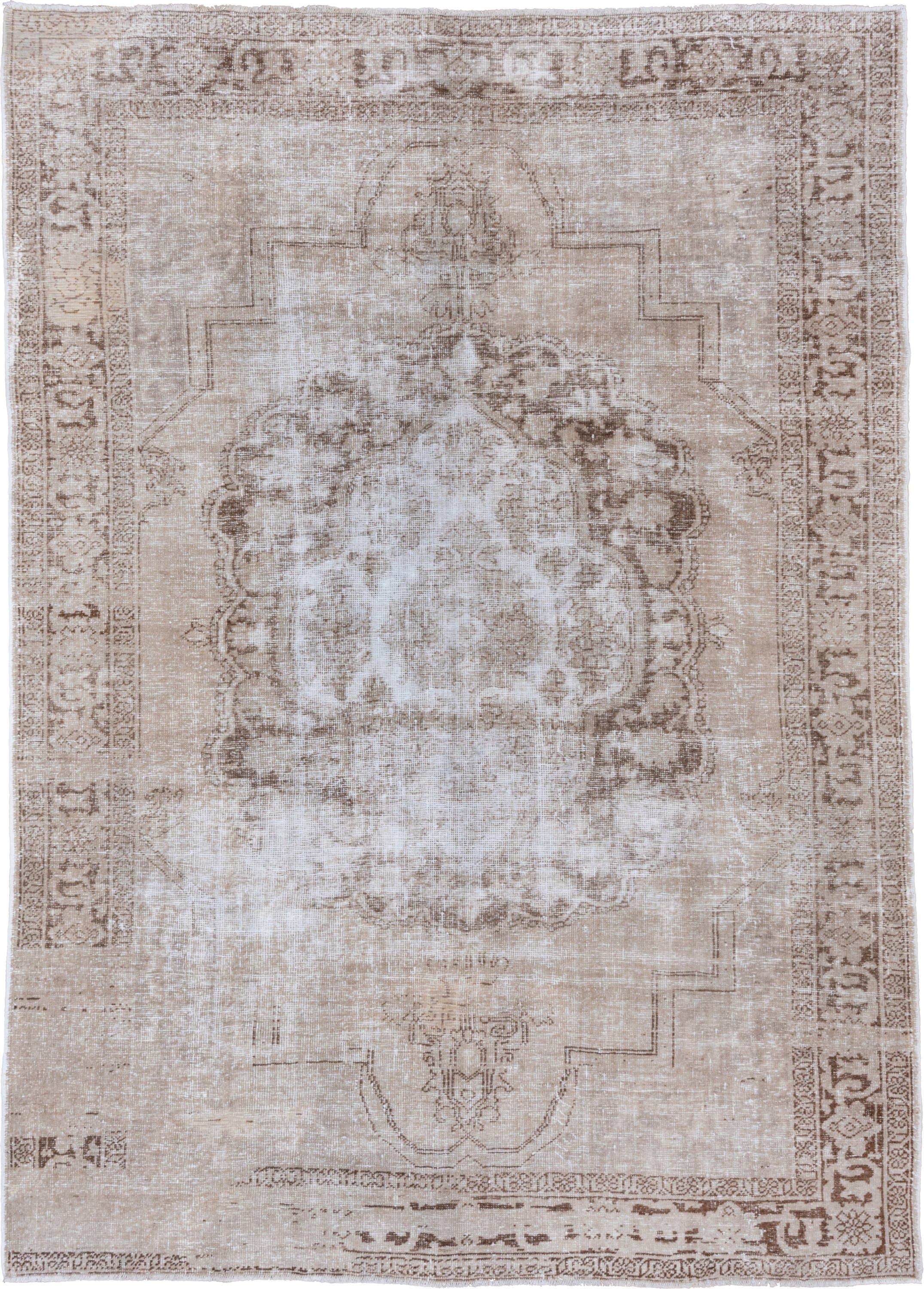 8' x 11' one-of-a-kind handmade vintage Oushak large size rug. Color palette: ivory, taupe, beige, camel, sand, light brown