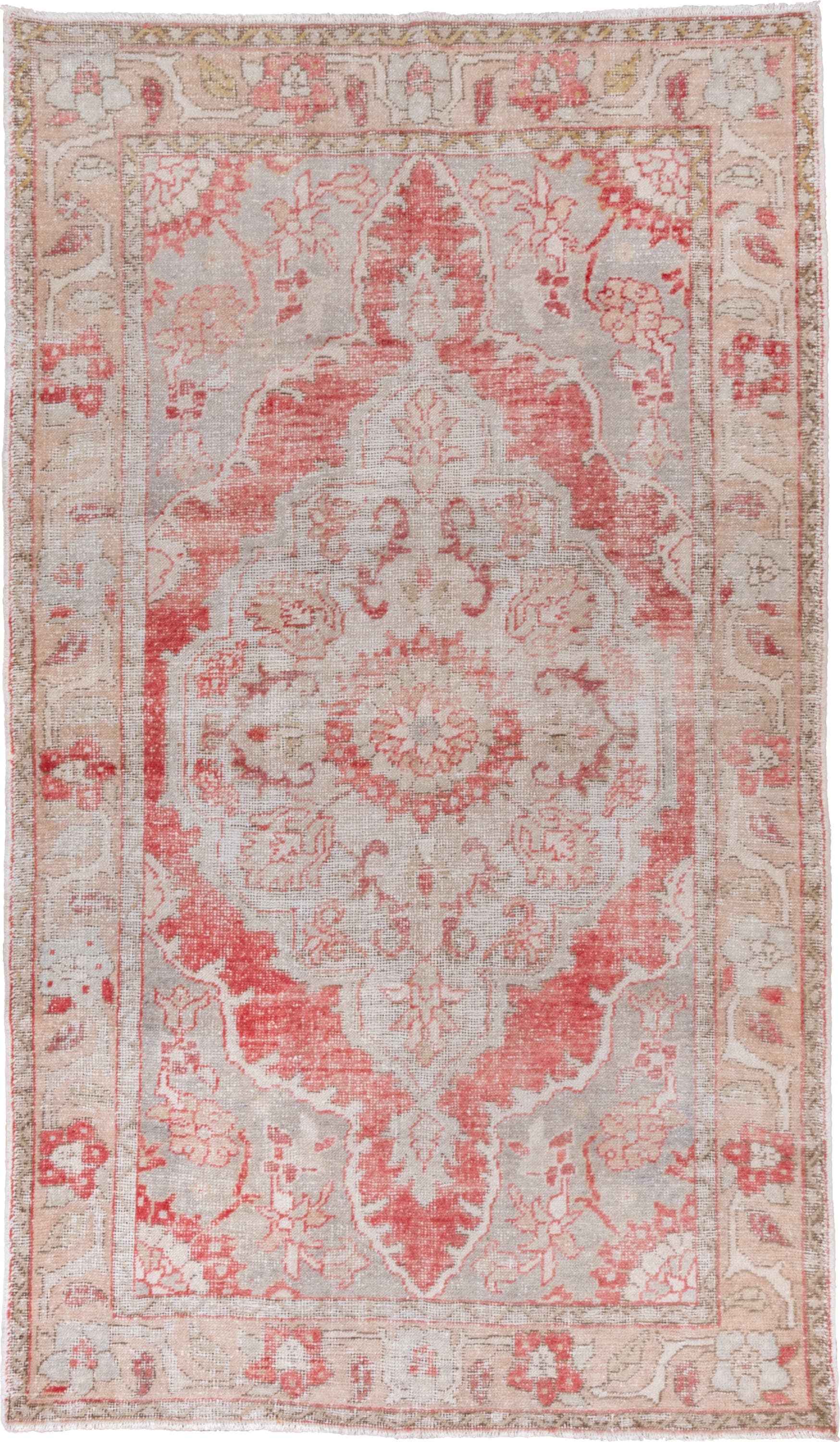5' x 9' one-of-a-kind handmade vintage Oushak medium size rug. Color palette: ivory, coral, beige, pale_gray, blush, taupe