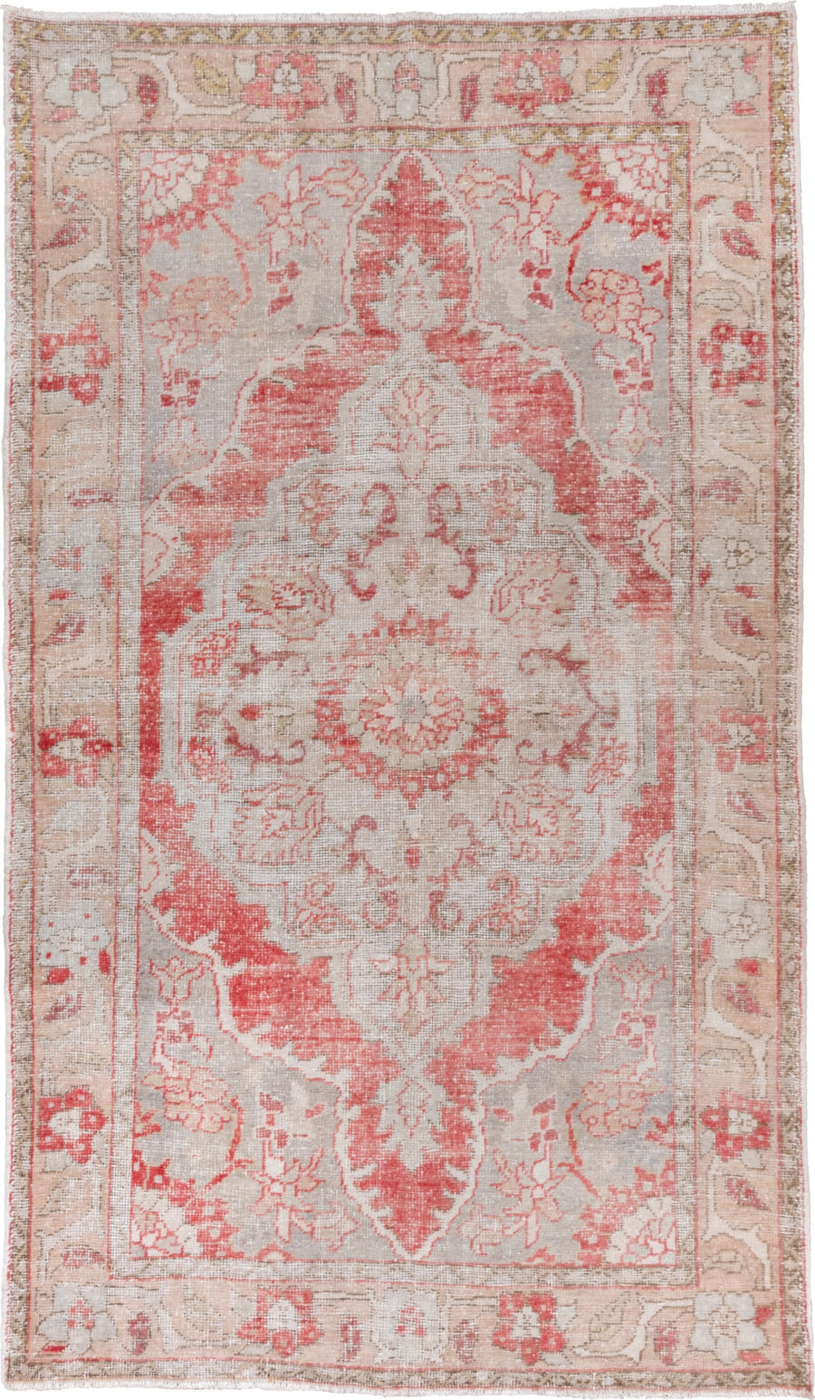 5' x 9' one-of-a-kind handmade vintage Oushak medium size rug. Color palette: ivory, coral, beige, pale_gray, blush, taupe