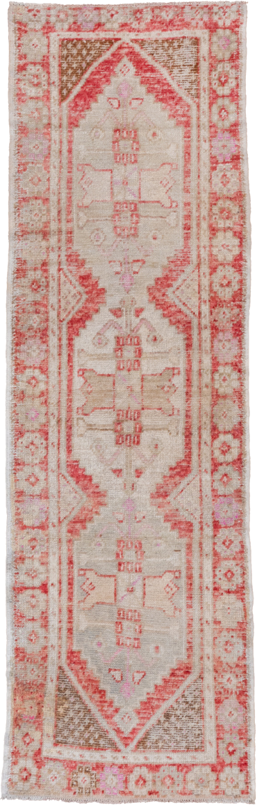 2' x 8' one-of-a-kind handmade vintage Oushak runner rug. Color palette: ivory, coral, rose, taupe, camel, beige, terracotta