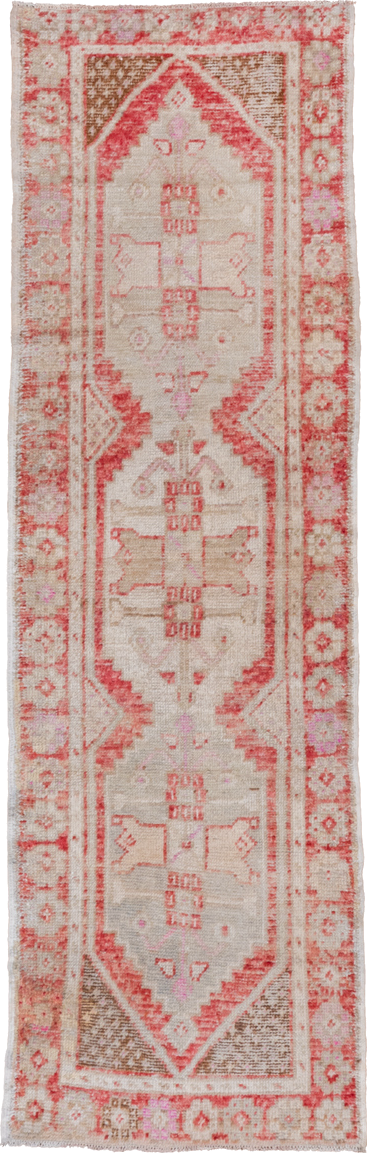 2' x 8' one-of-a-kind handmade vintage Oushak runner rug. Color palette: brown, gainsboro, gray, light gray, off-white, pink