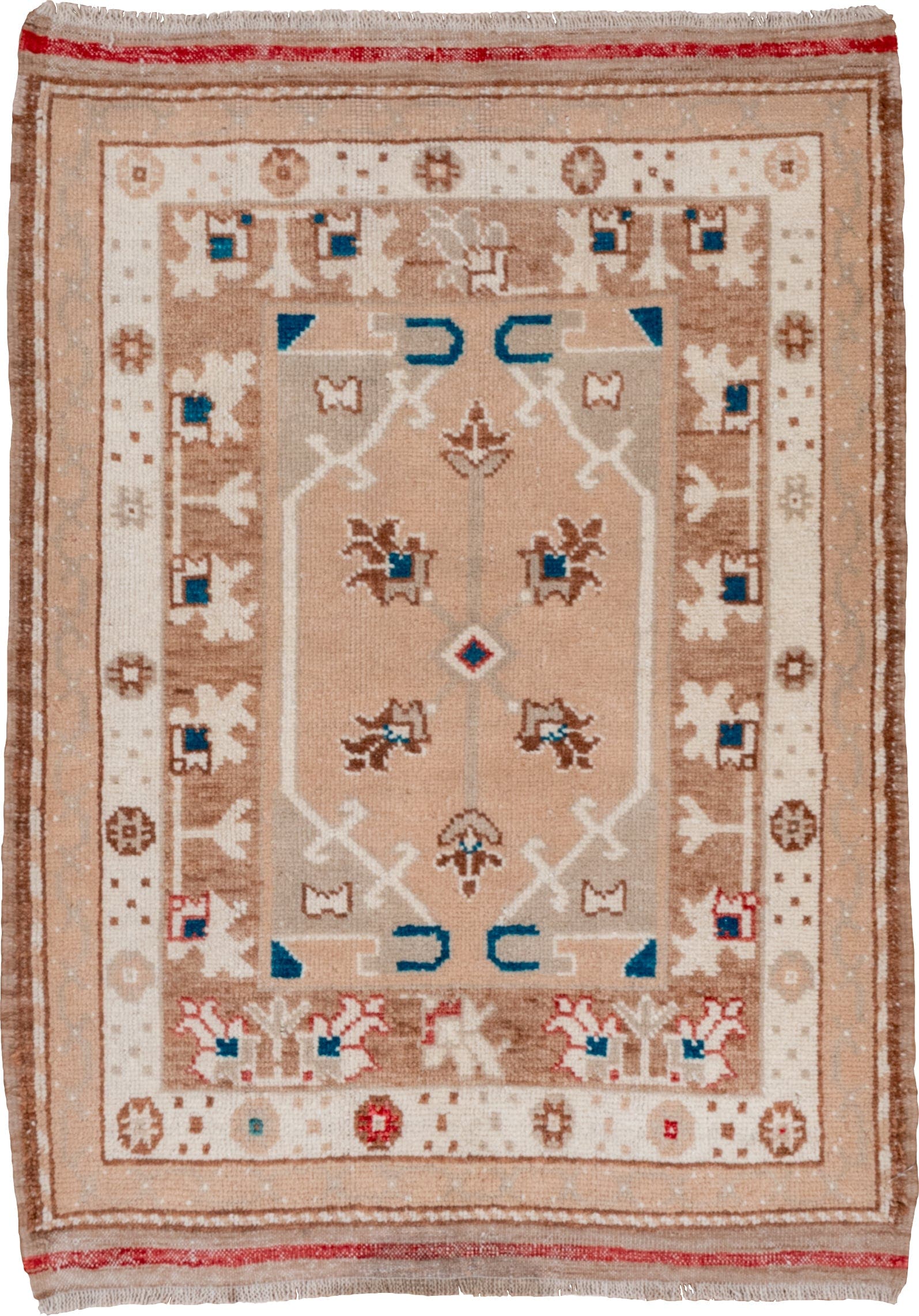 2' x 3' one-of-a-kind handmade vintage Oushak small size rug. Color palette: beige, ivory, taupe, camel, sky_blue, coral