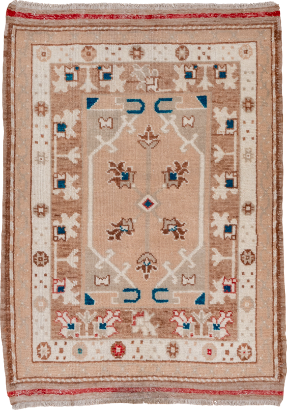 2' x 3' one-of-a-kind handmade vintage Oushak small size rug. Color palette: beige, ivory, taupe, camel, sky_blue, coral