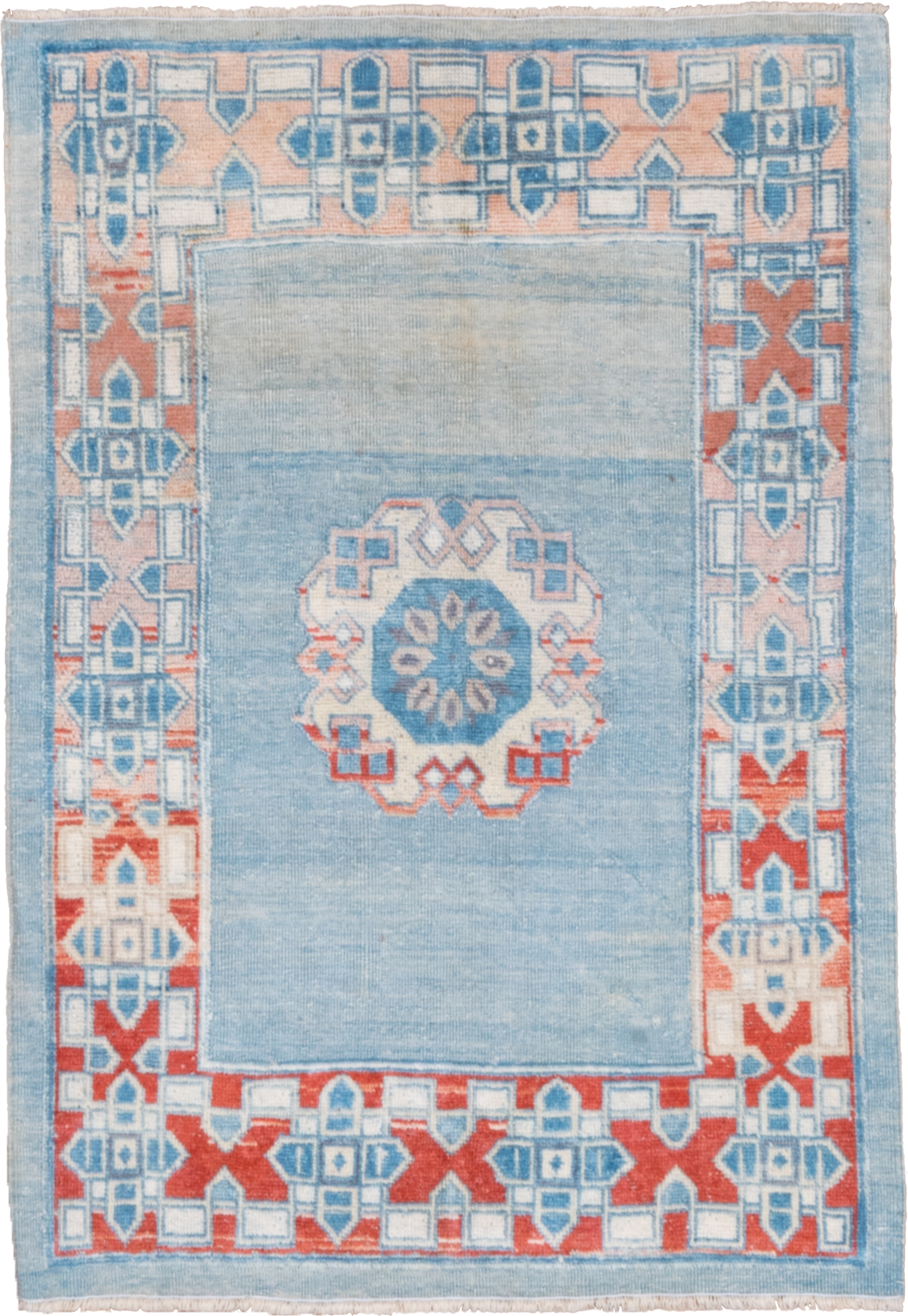 3' x 4' one-of-a-kind handmade vintage Oushak small size rug. Color palette: sky blue, ivory, coral, powder blue, slate