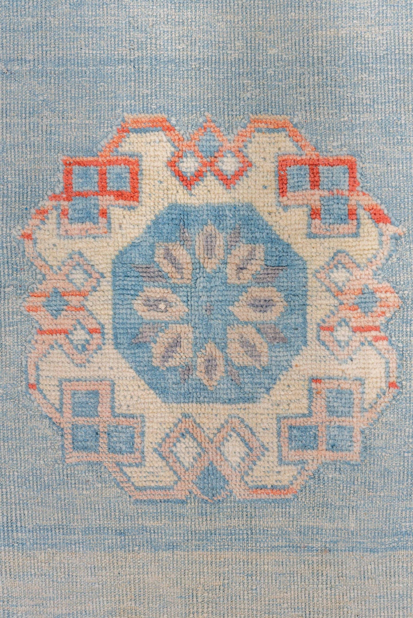 3' x 4' one-of-a-kind handmade vintage Oushak small size rug. Color palette: sky blue, ivory, coral, powder blue, slate