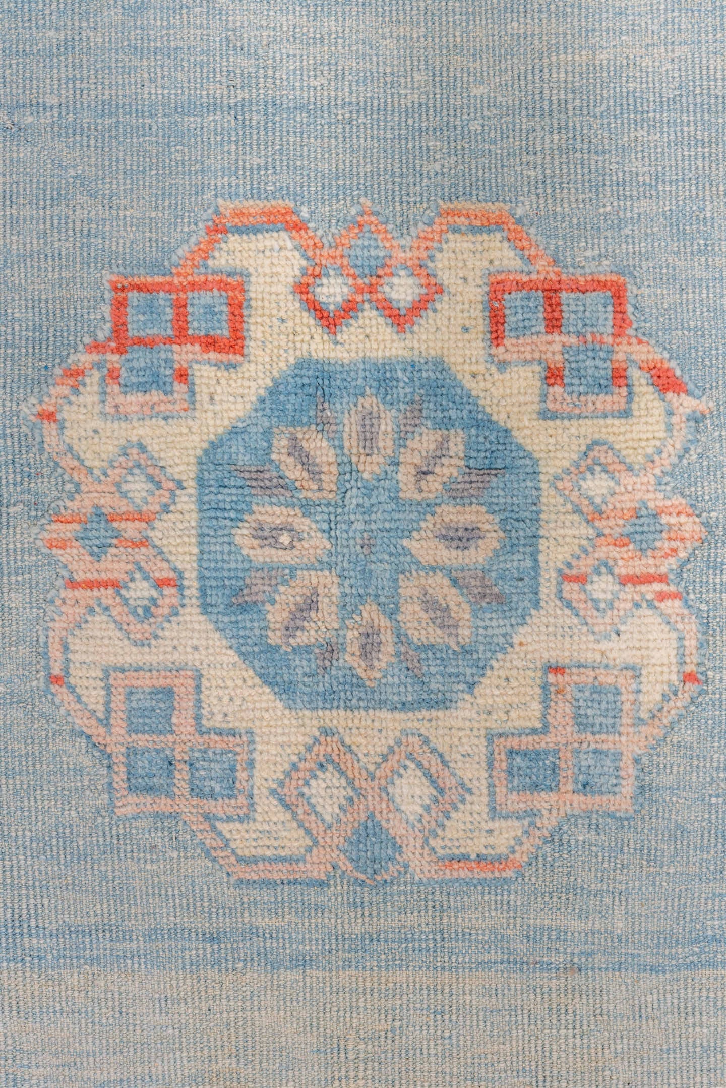 3' x 4' one-of-a-kind handmade vintage Oushak small size rug. Color palette: sky blue, ivory, coral, powder blue, slate