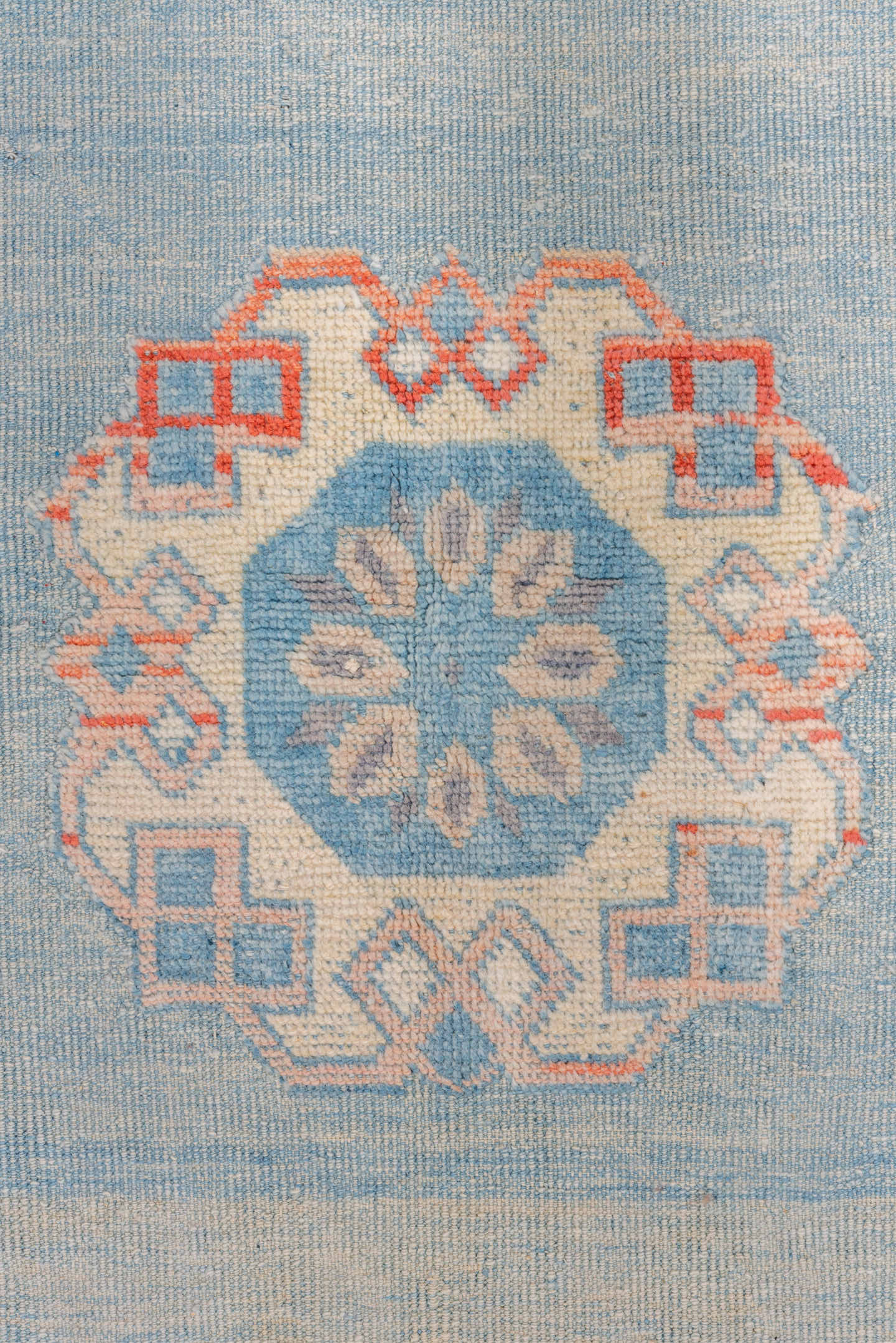 3' x 4' one-of-a-kind handmade vintage Oushak small size rug. Color palette: sky blue, ivory, coral, powder blue, slate